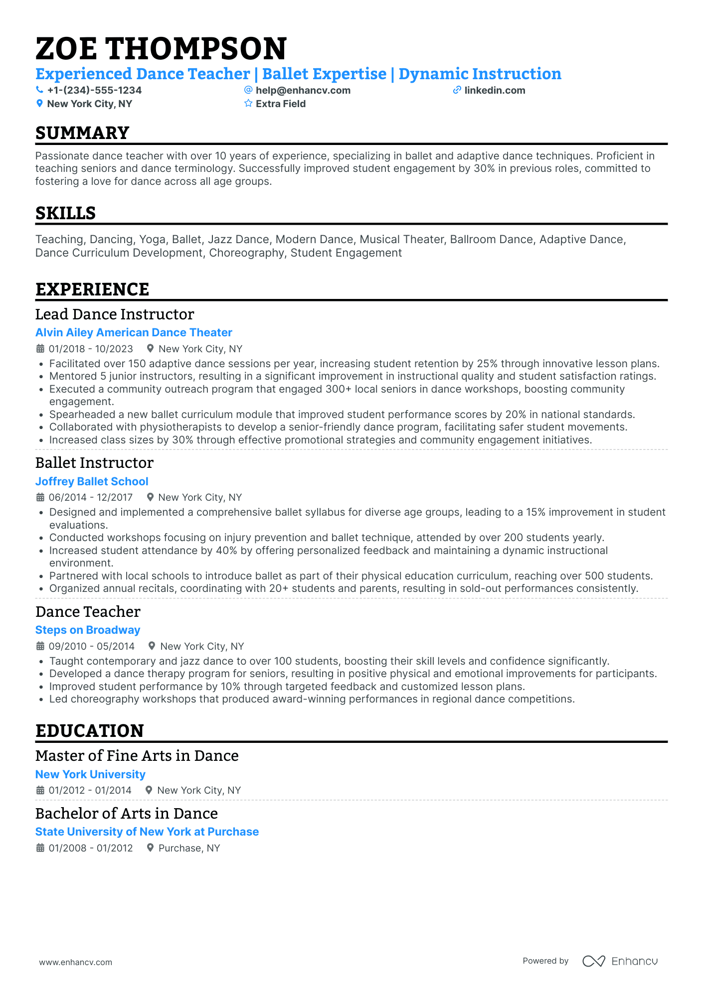 Senior Dance Instructor Resume Example