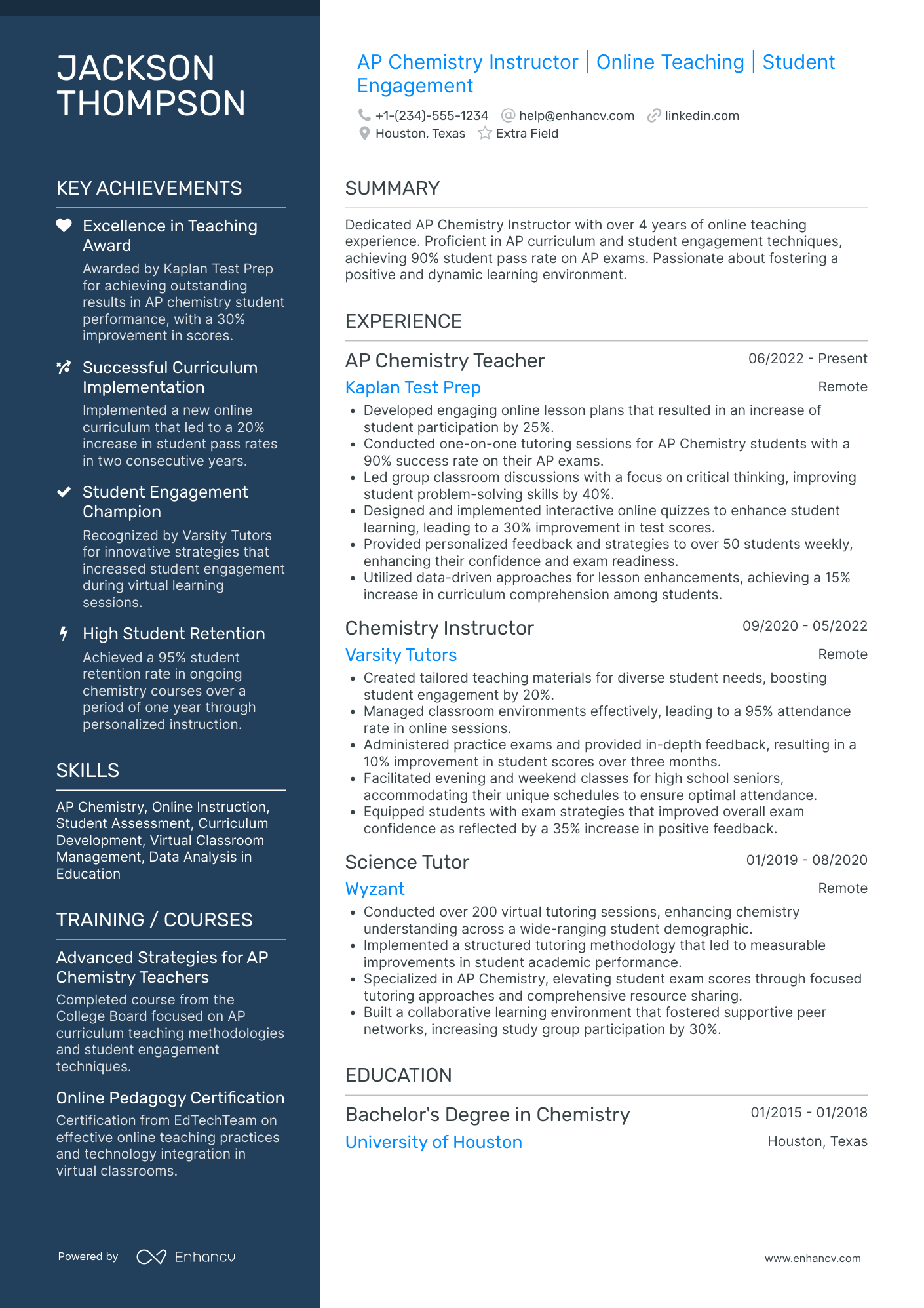 Advanced Chemistry Tutor Resume Example