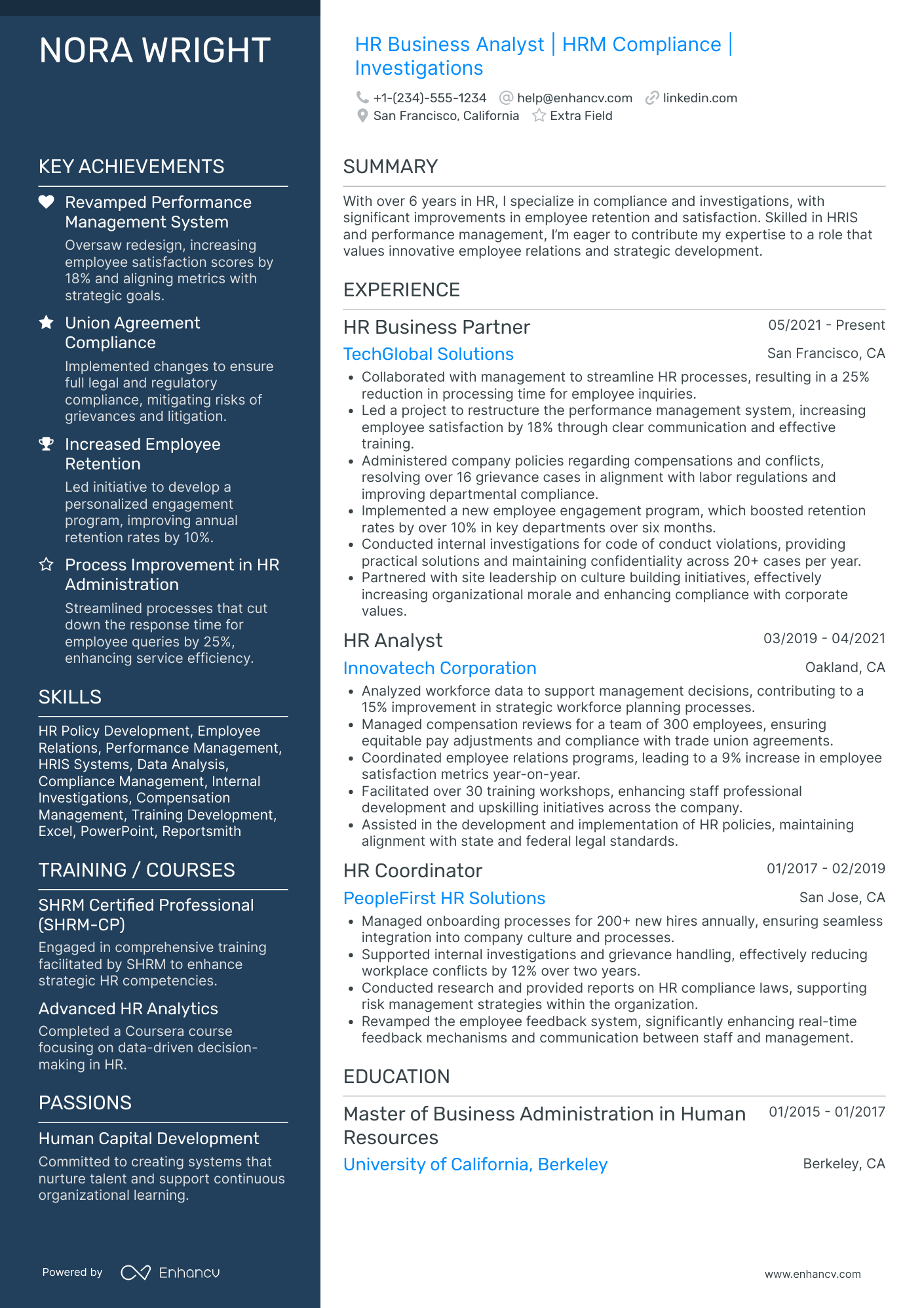 HR Generalist Analyst Resume Example