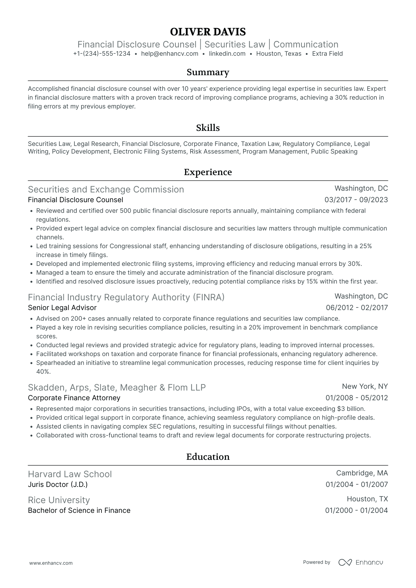 Financial Counsel Resume Example