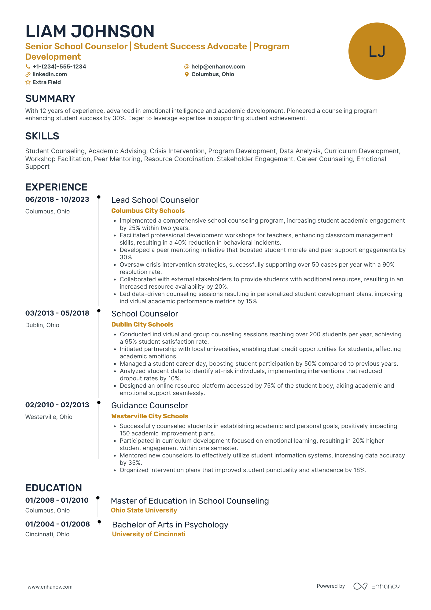 Senior School Counselor Resume Example