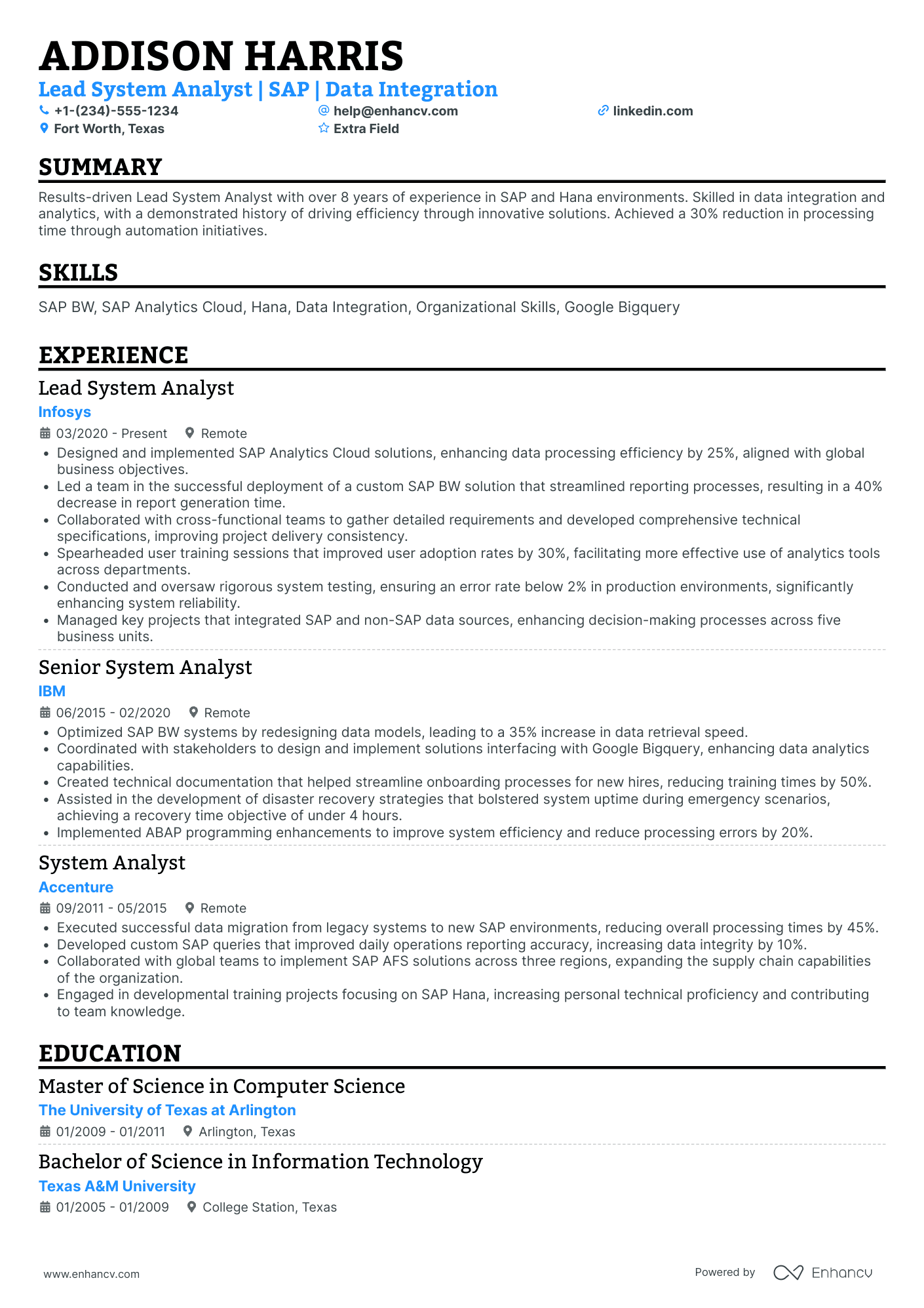 Lead System Analyst Resume Example