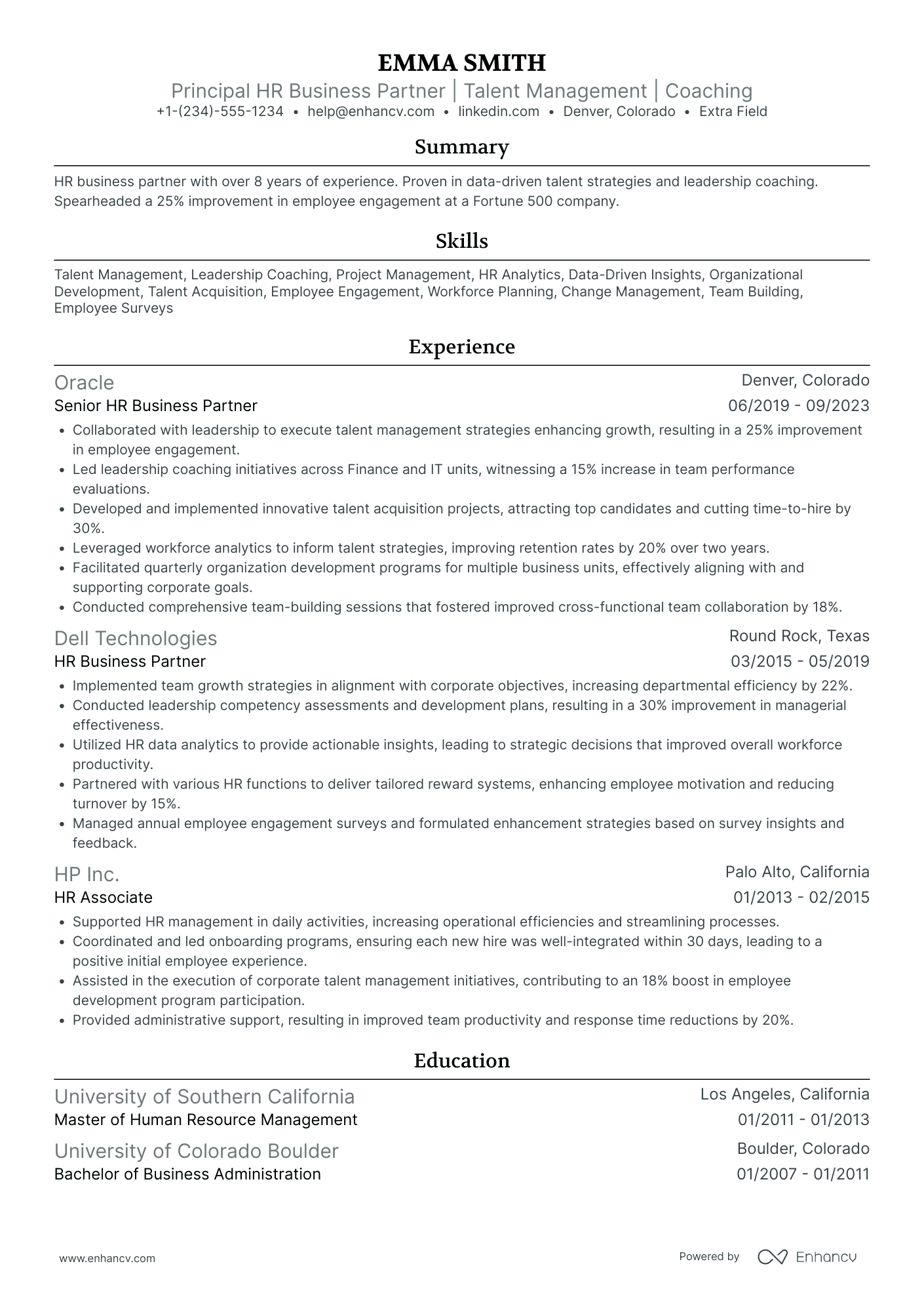 Principal HR Business Partner Resume Example