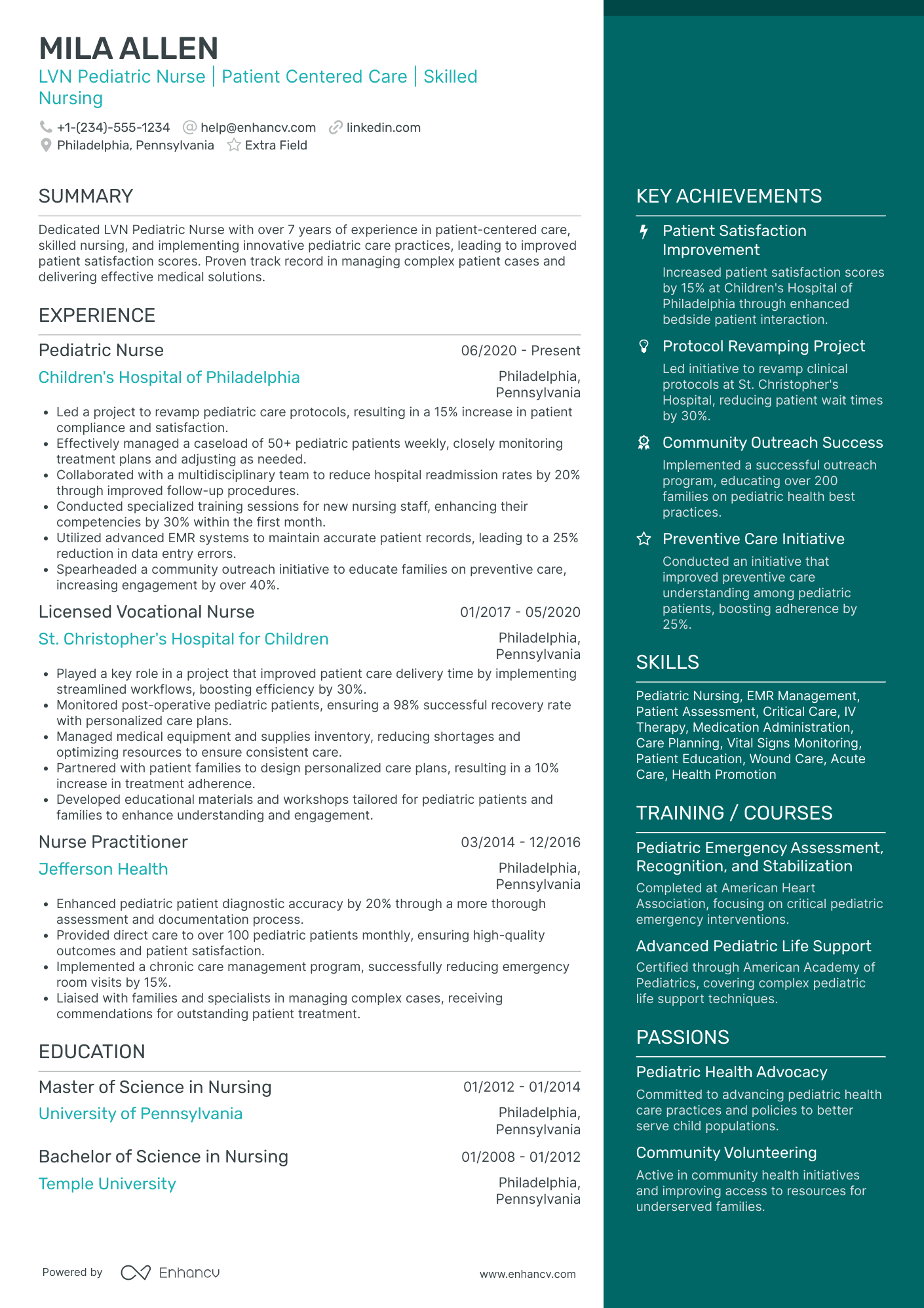 LVN Pediatric Nurse Resume Example