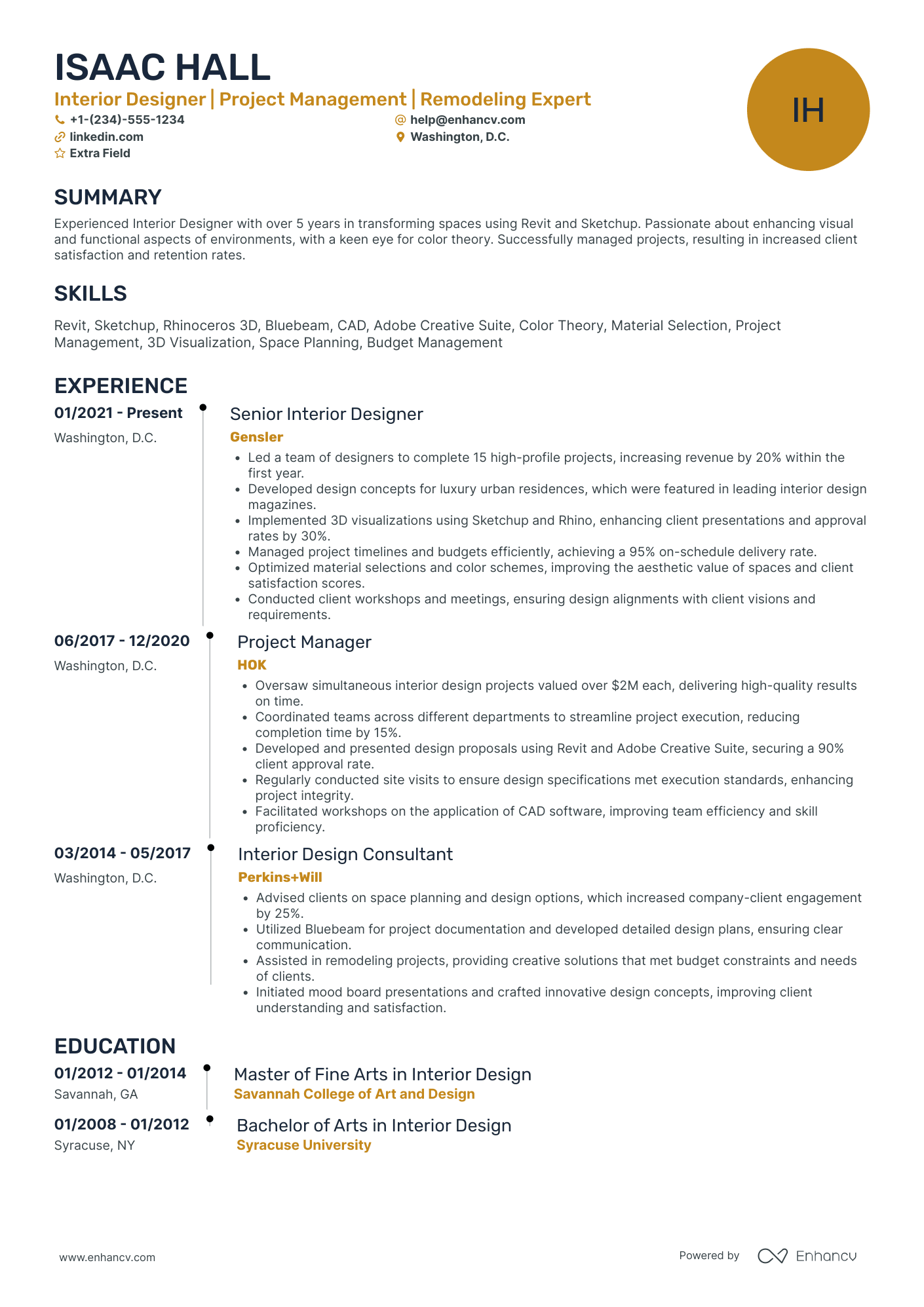 Freelance Interior Design Project Manager Resume Example