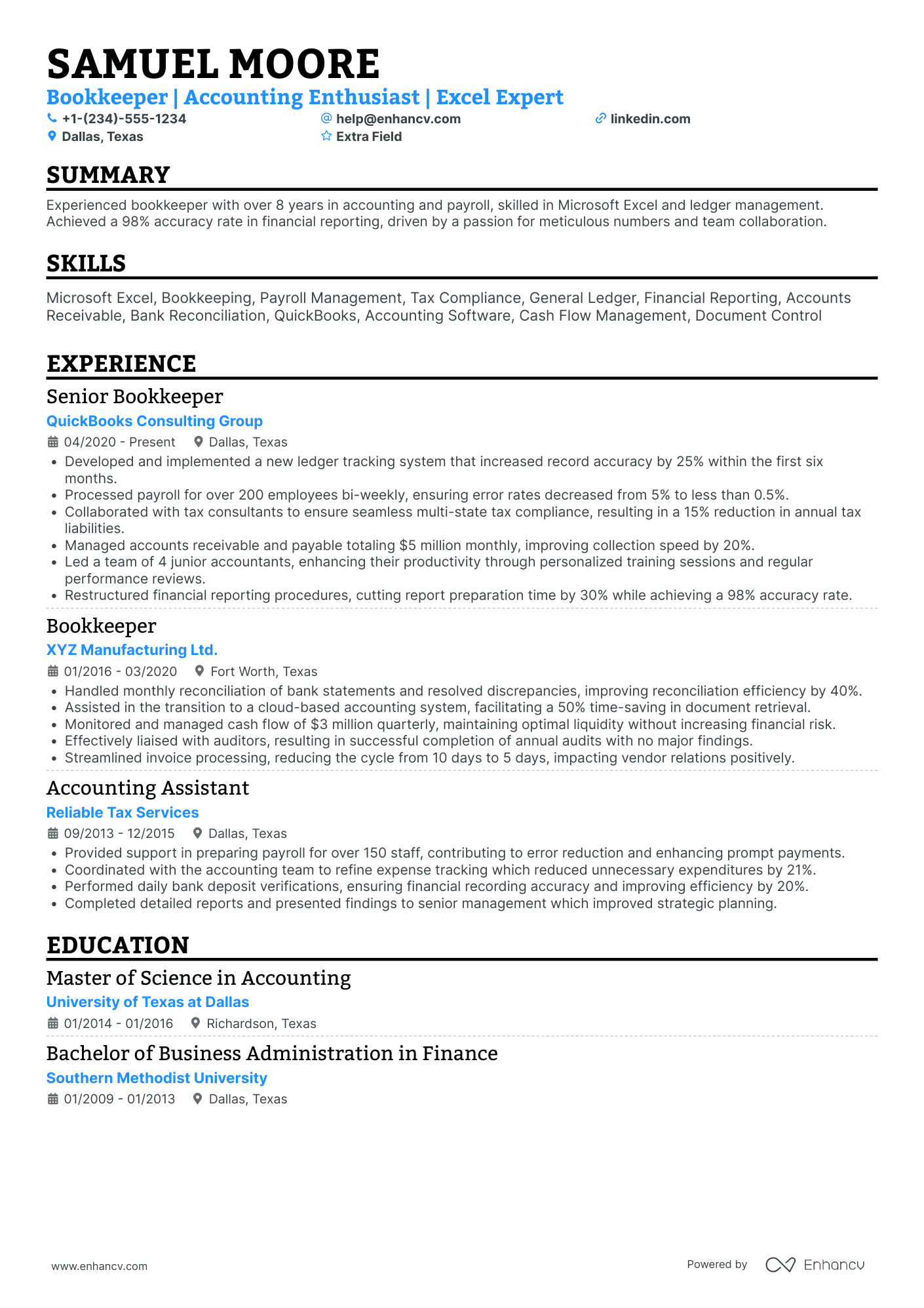 Freelance Bookkeeper Resume Example