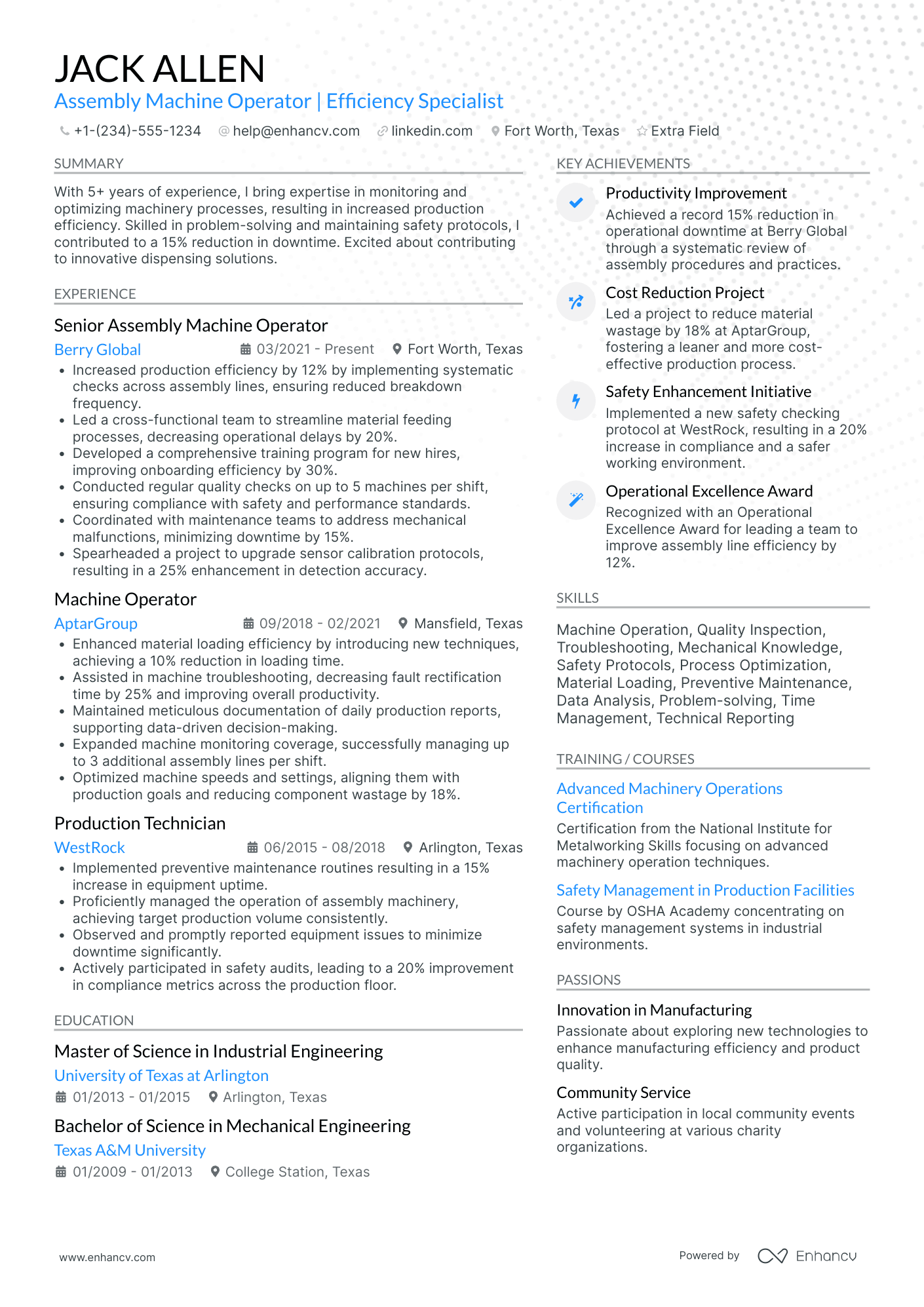 Assembly Line Machine Operator Resume Example