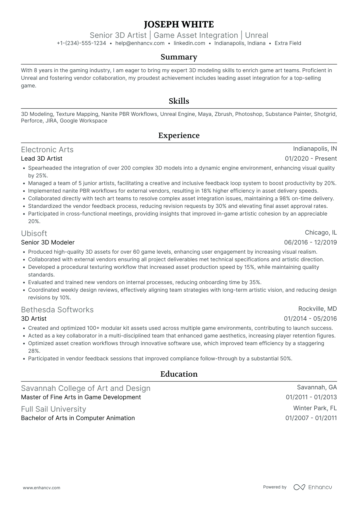 3D Visual Effects Artist Resume Example