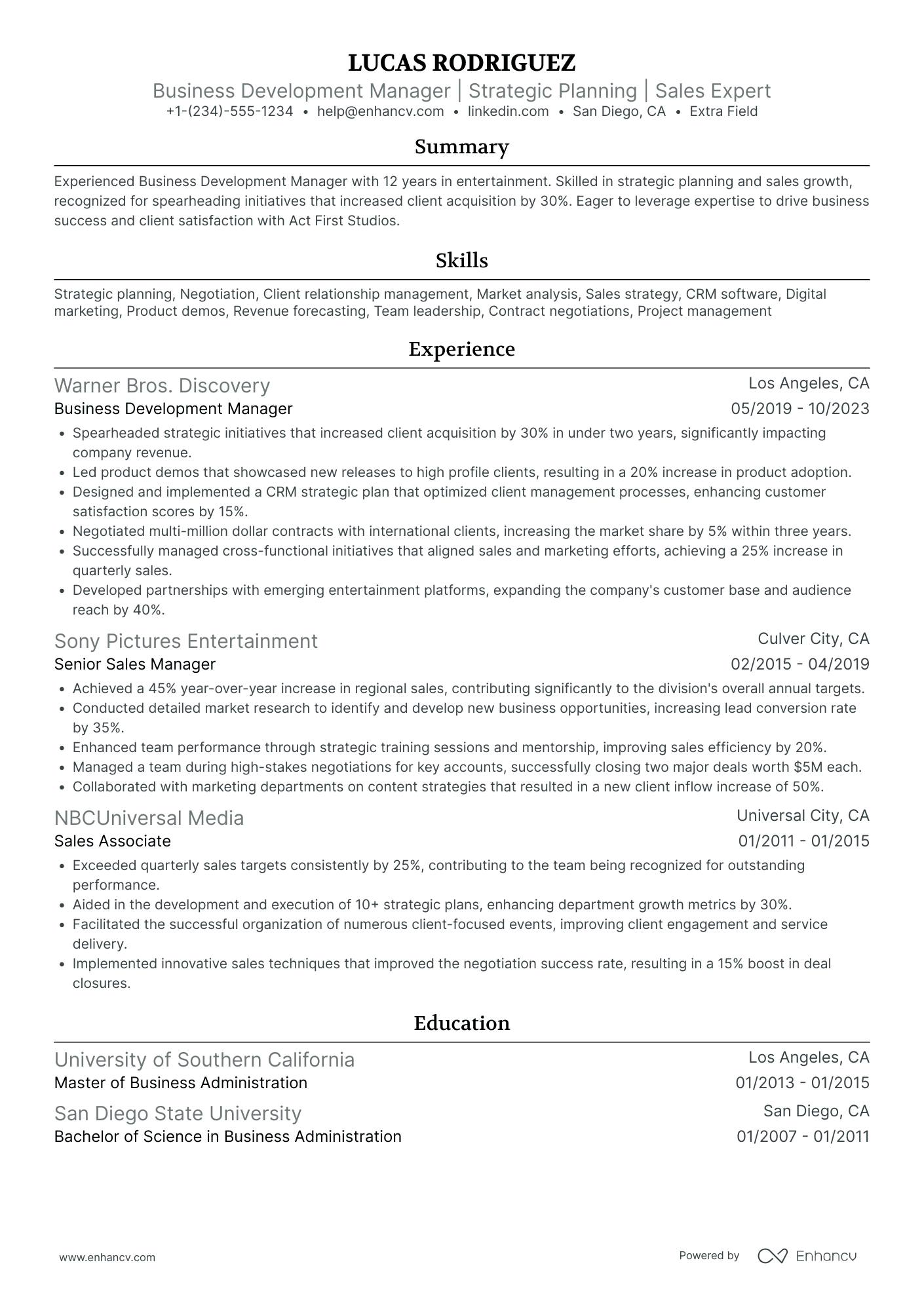 Escape Room Business Development Manager Resume Example