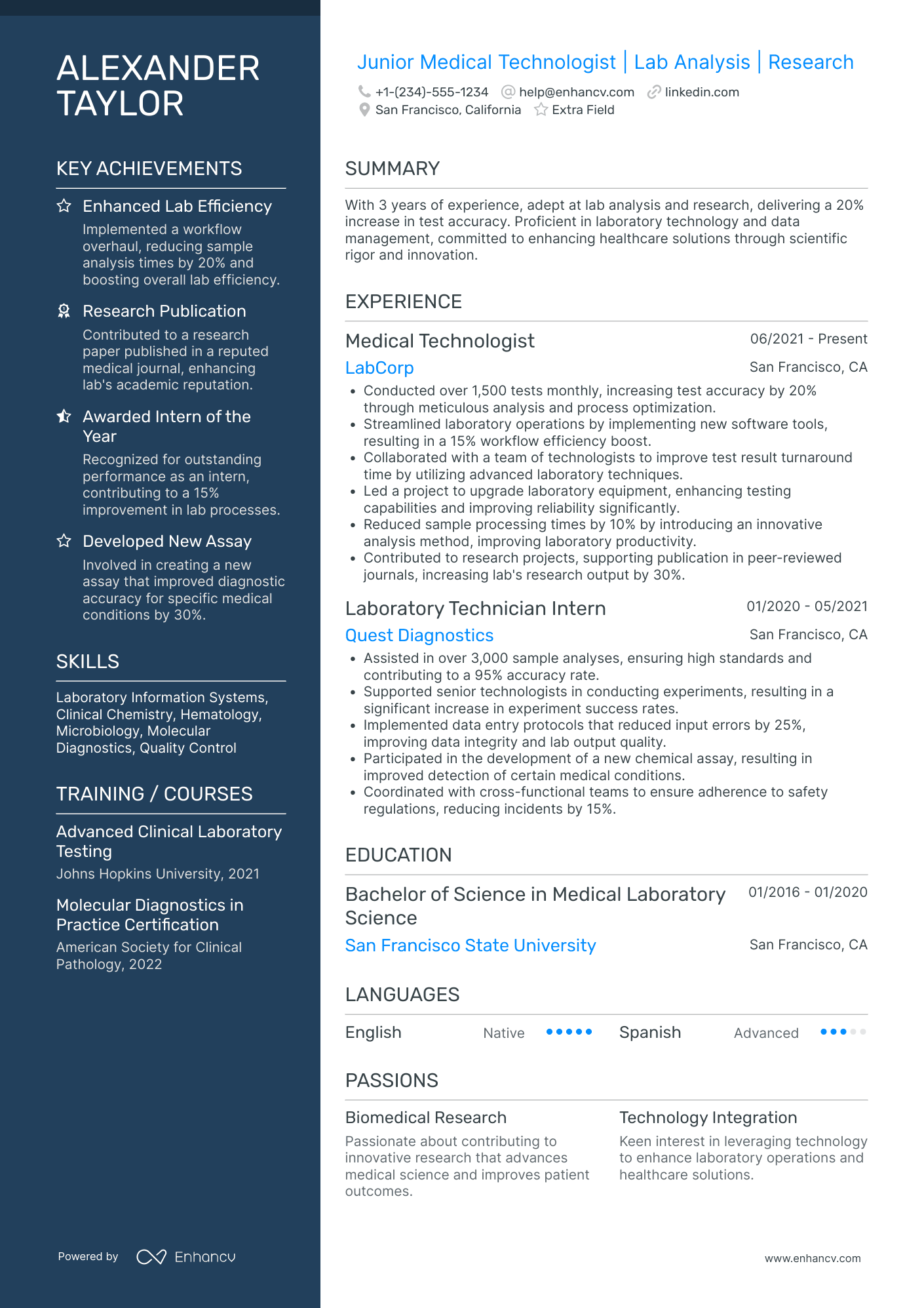 Junior Medical Technologist Resume Example