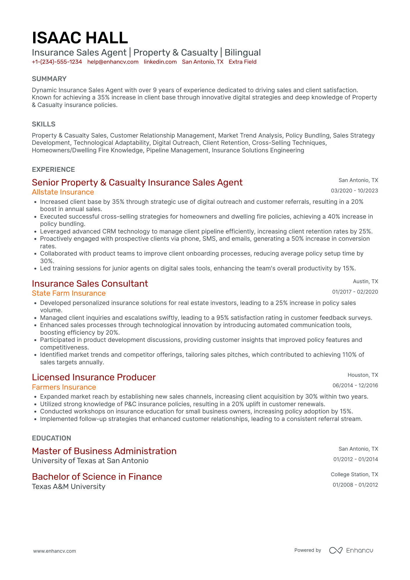 Insurance Sales Agent Resume Example