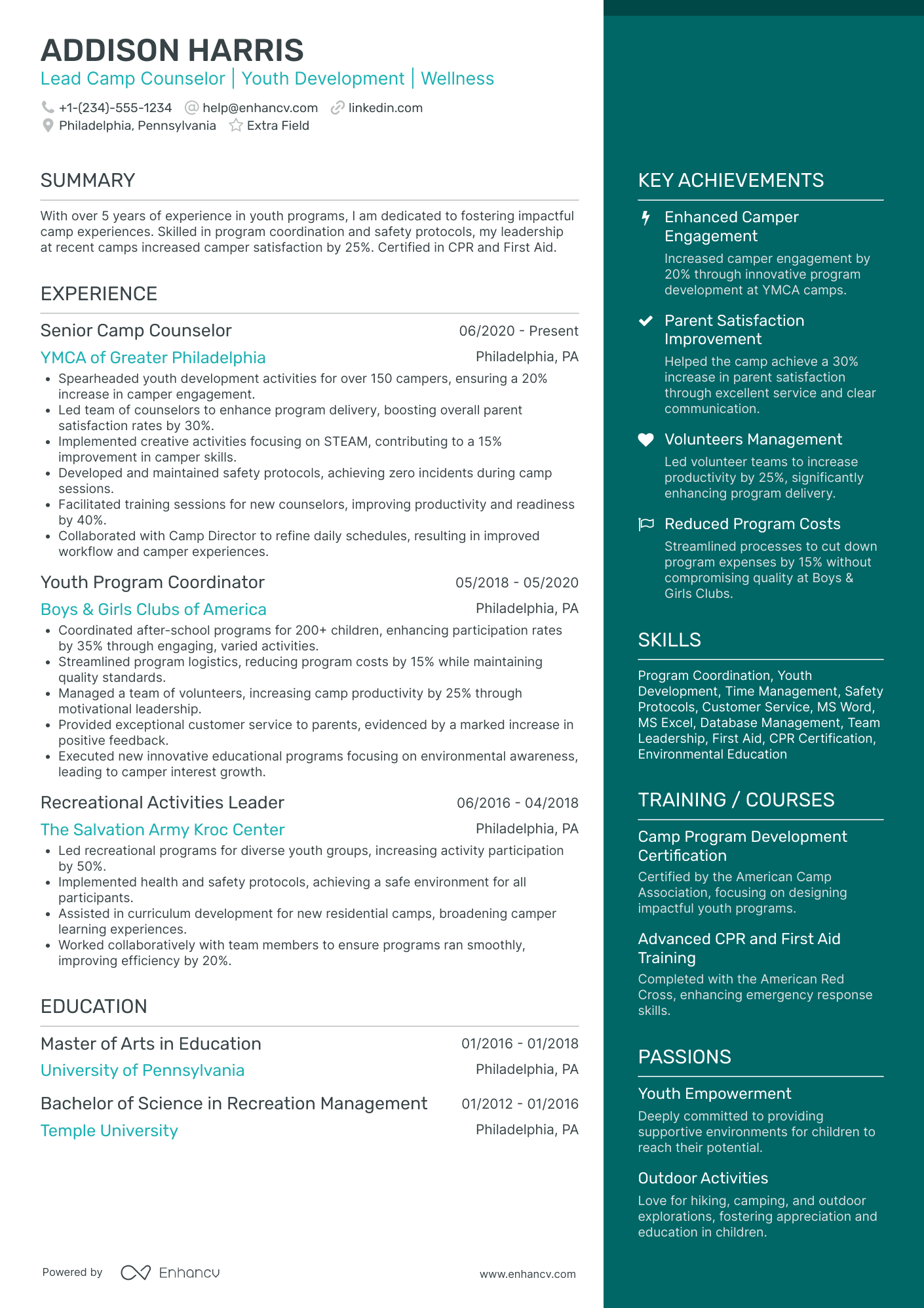 Lead Camp Counselor Resume Example