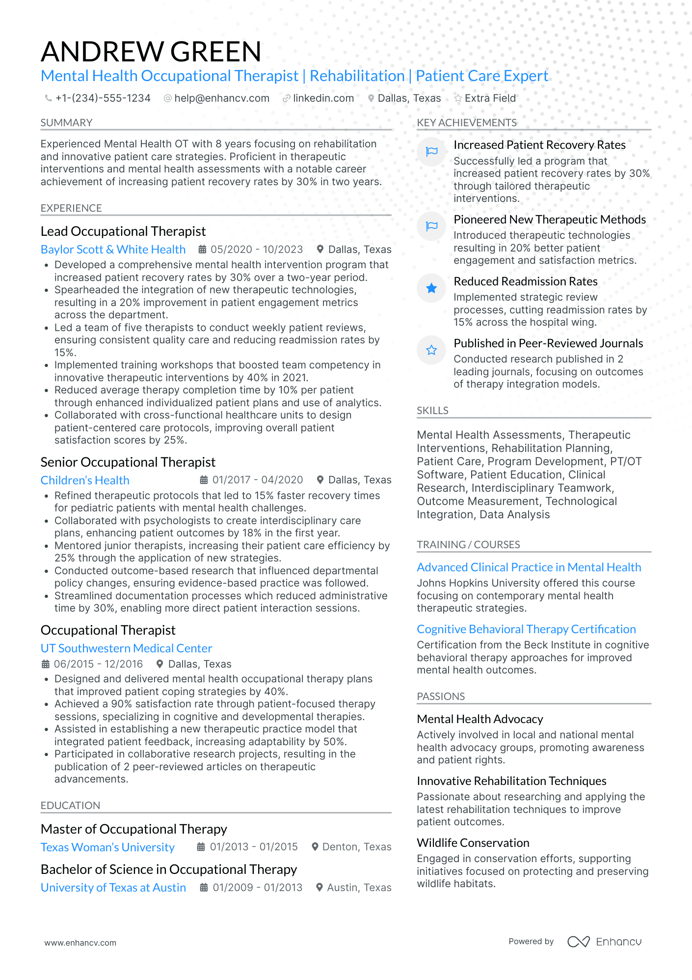 Mental Health Occupational Therapist Resume Example