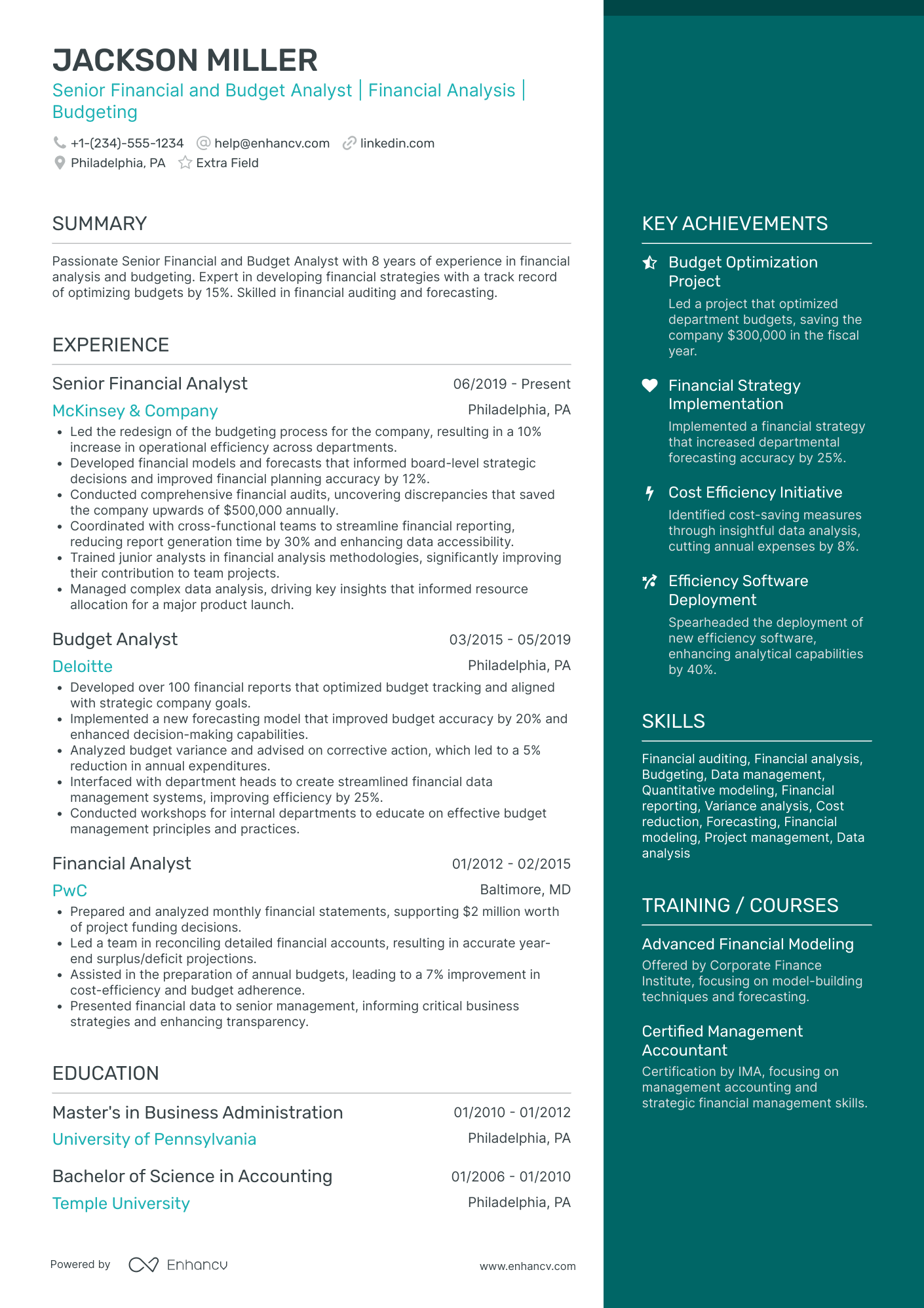 Financial Budget Analyst Resume Example