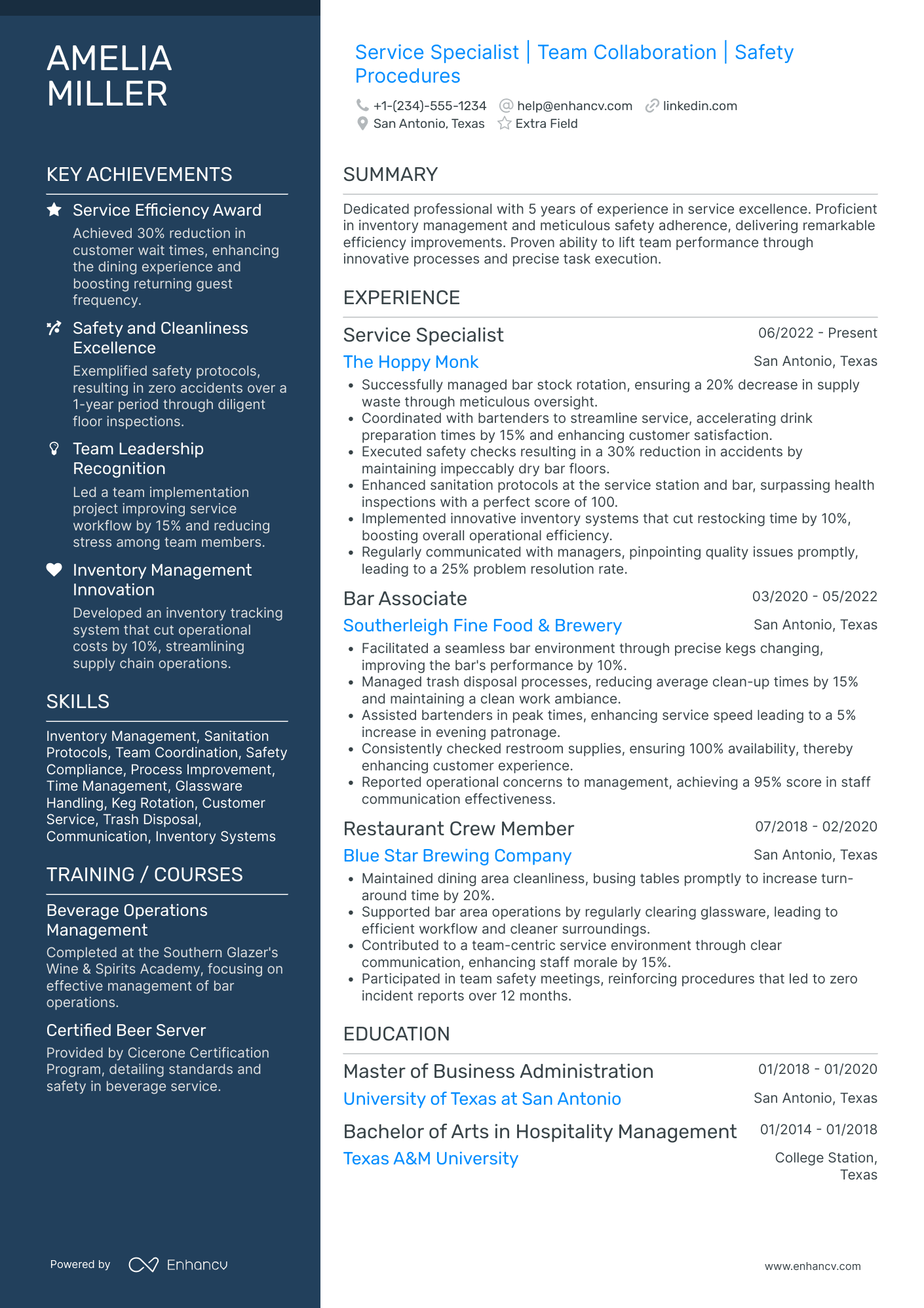 Weekend Barback Resume Example