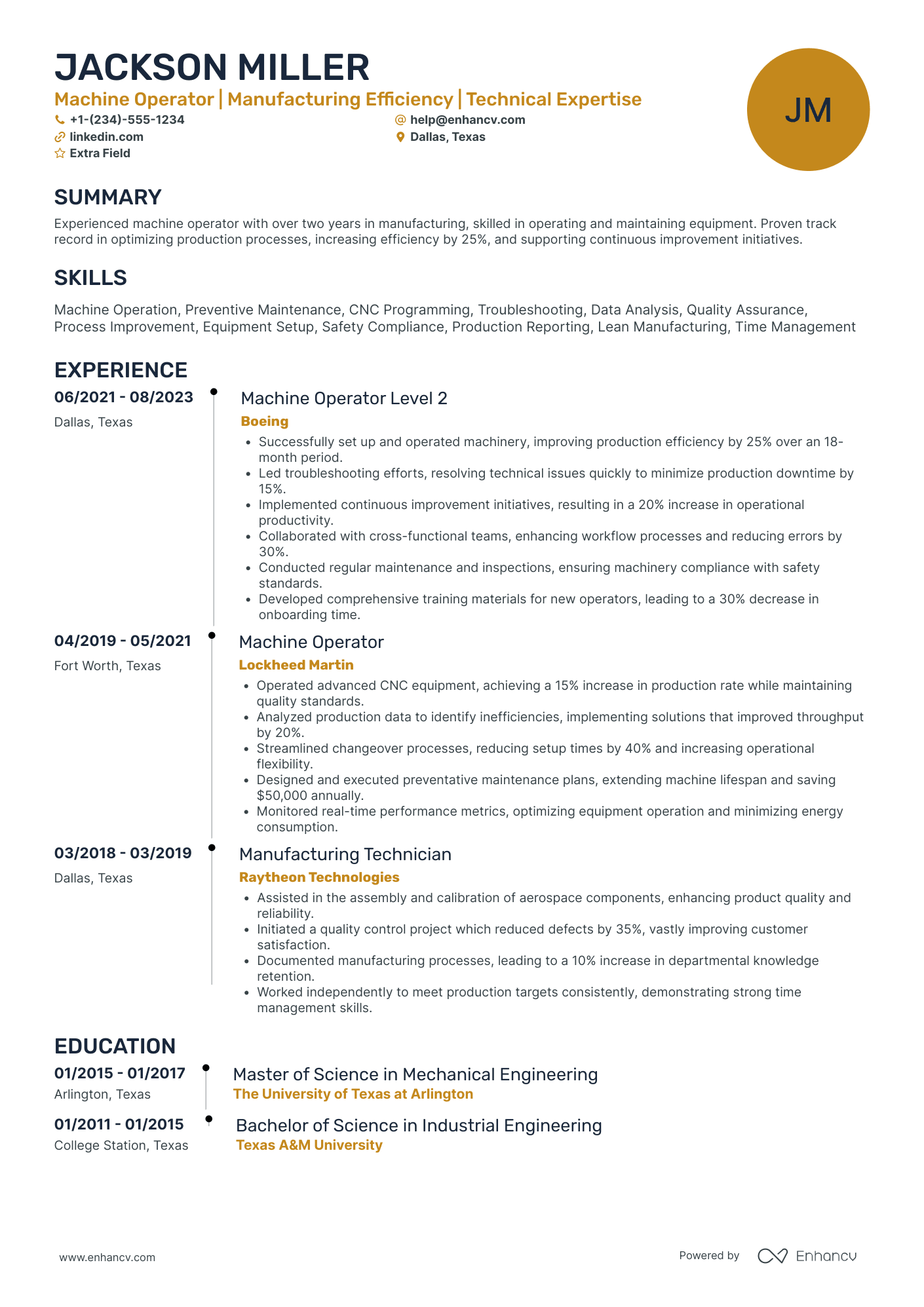 Metalworking Machine Operator Resume Example