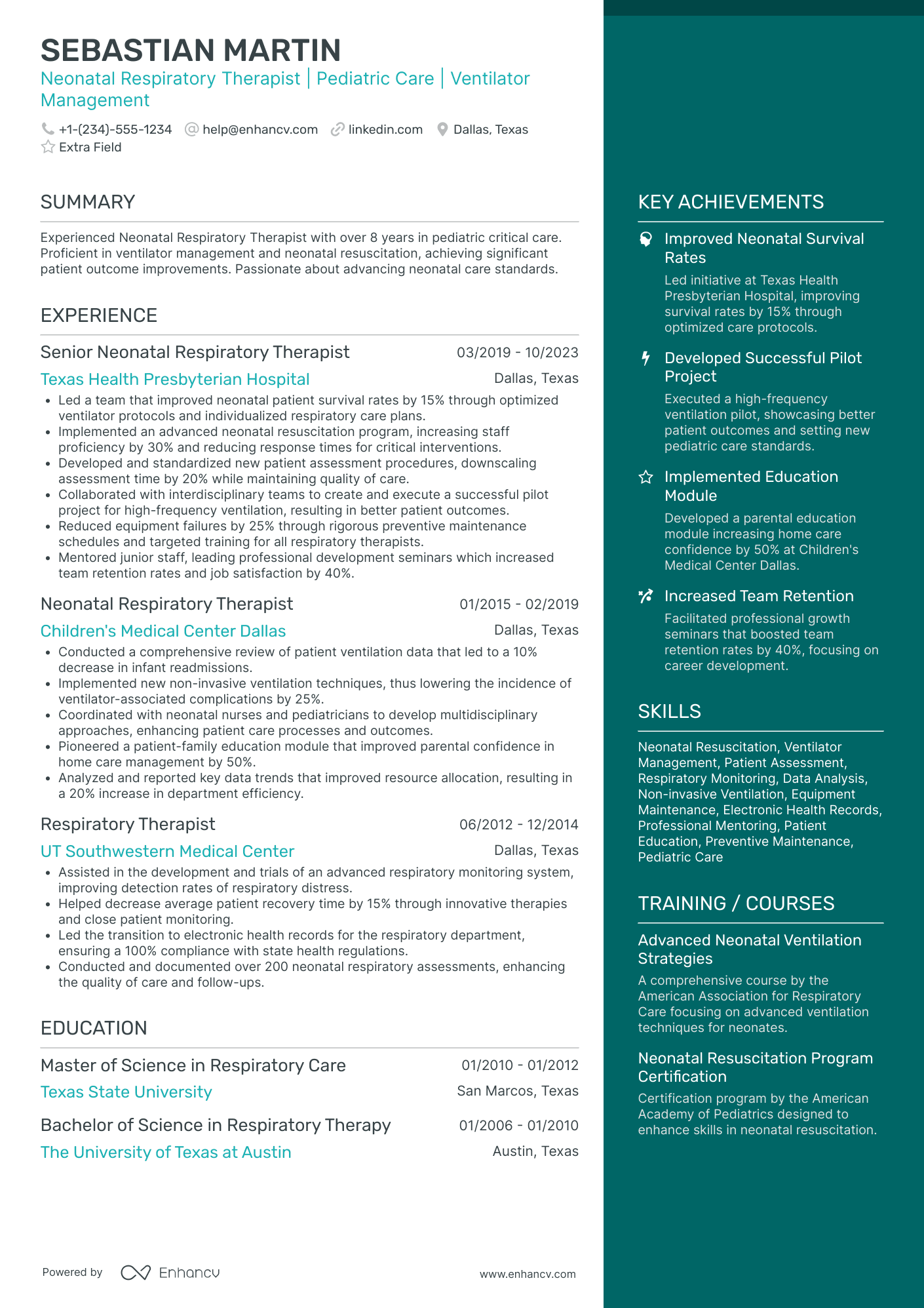 Neonatal Respiratory Therapist Resume Example