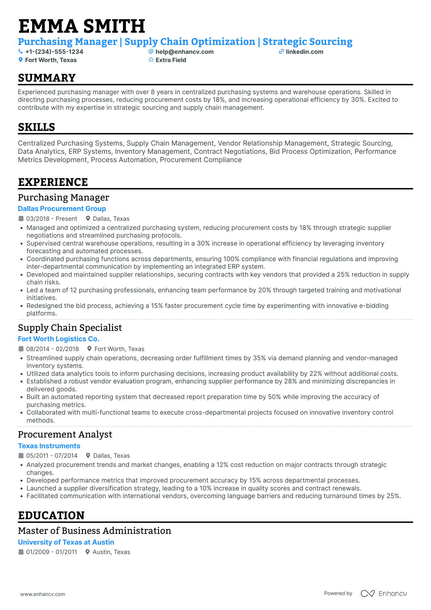 Supply Chain and Purchase Manager Resume Example