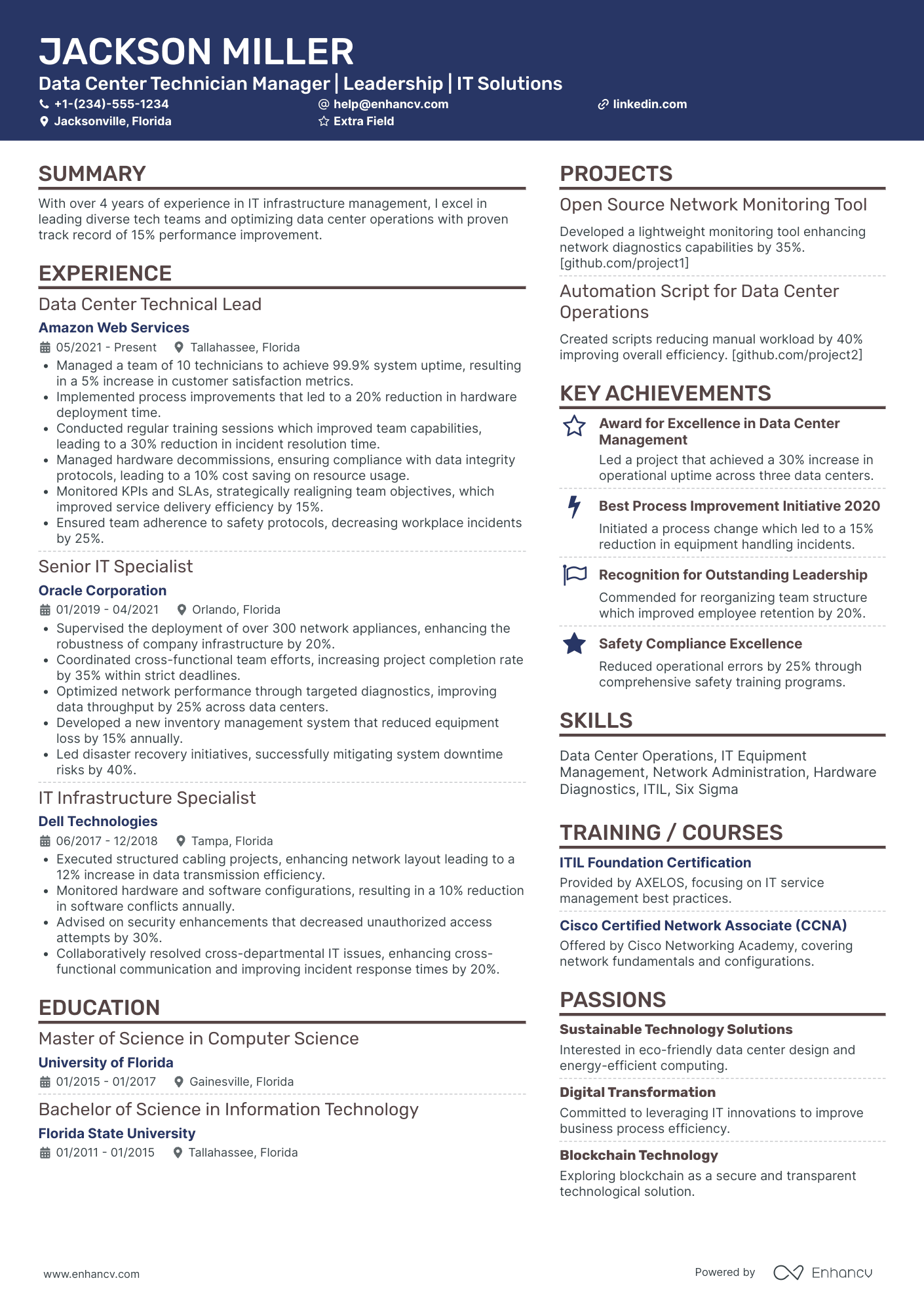 Data Center Technician Manager Resume Example