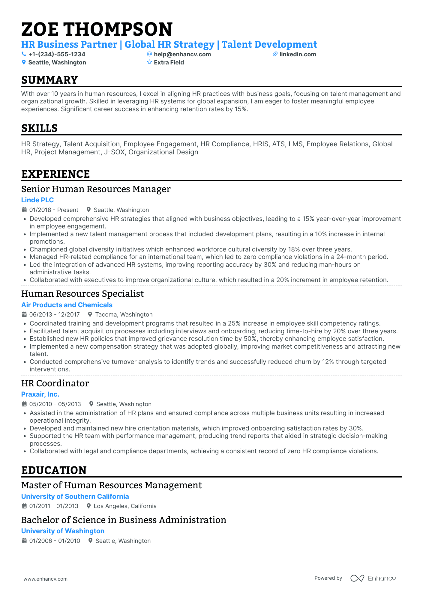 HR Business Partner Advisor Resume Example