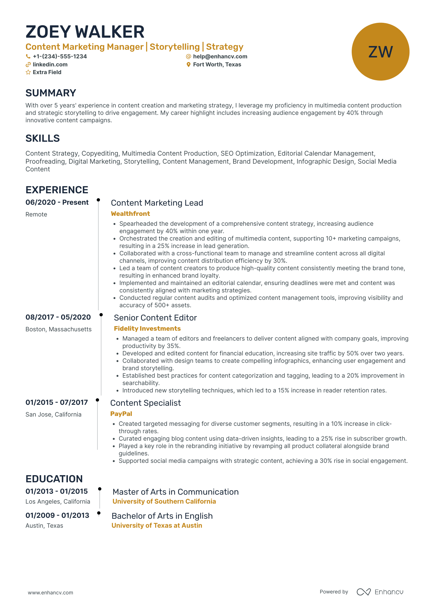 Content Marketing Project Manager Resume Example