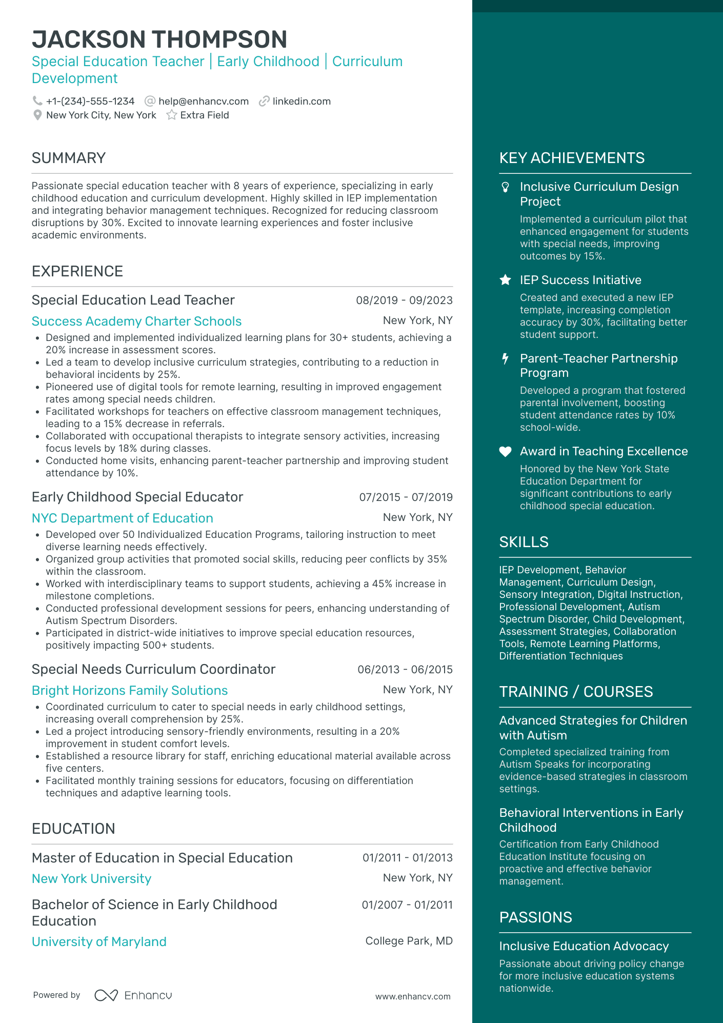 Special Education Teacher for Early Childhood Resume Example