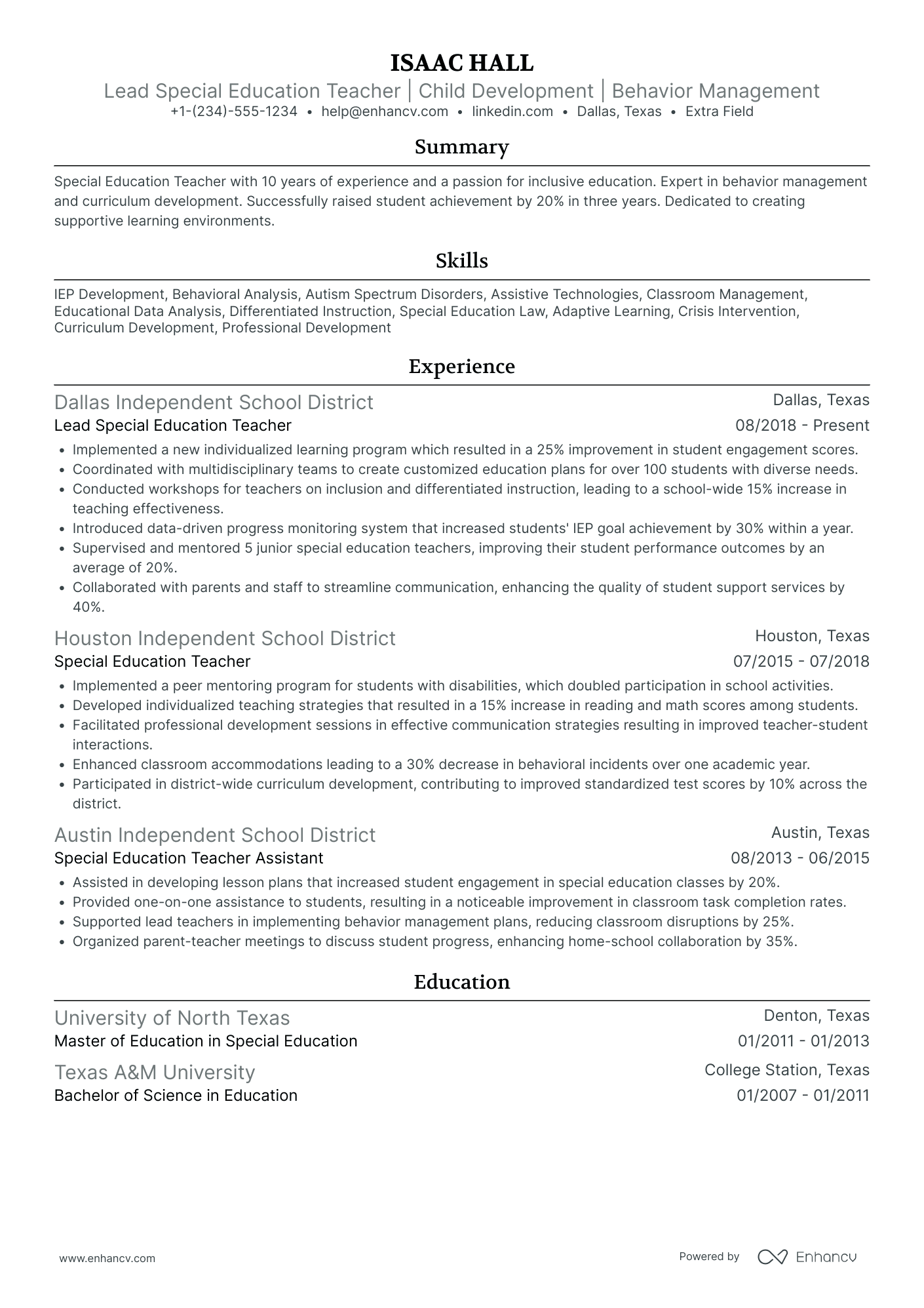 Lead Special Education Teacher Resume Example