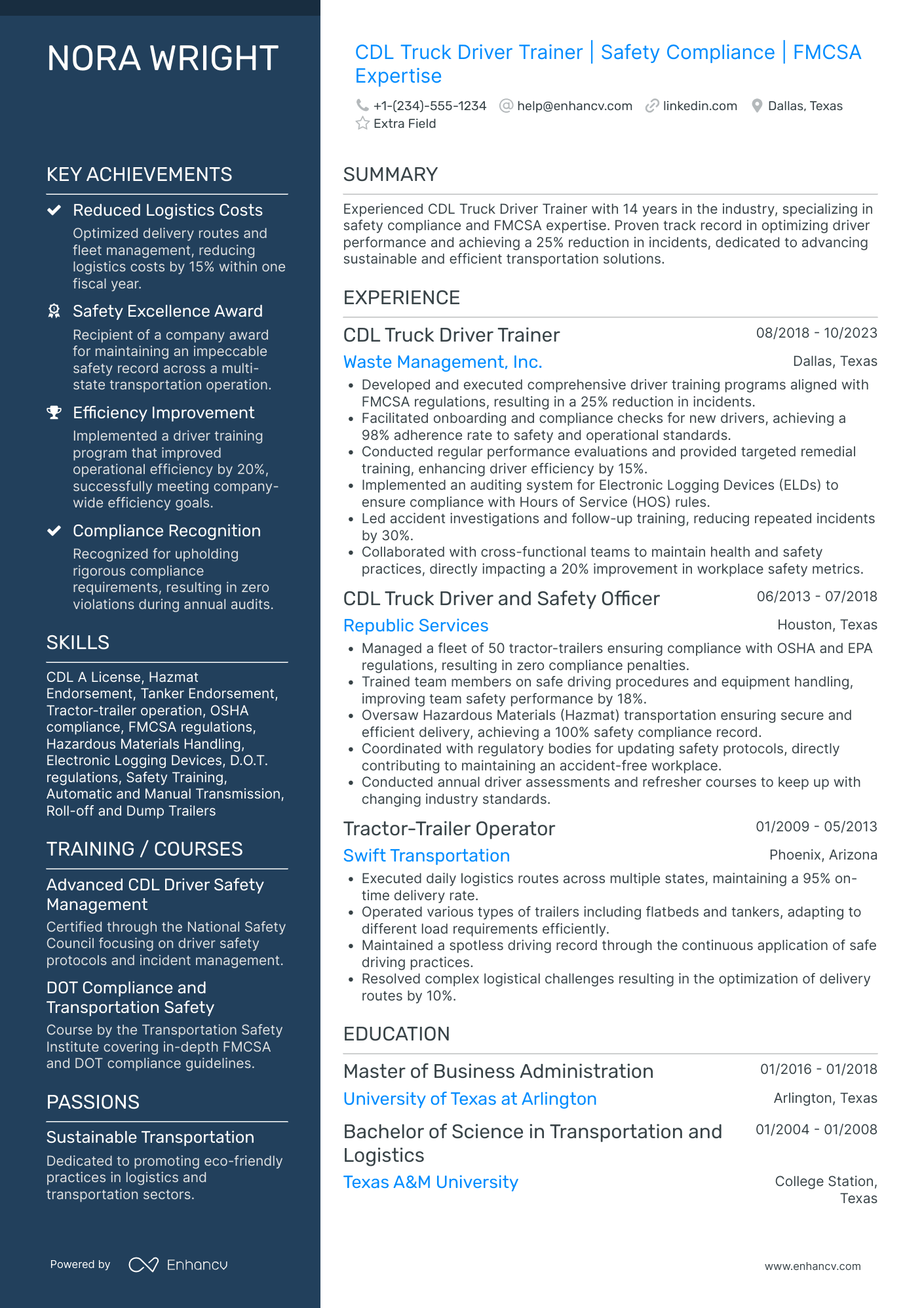 Truck Driver Trainer Resume Example