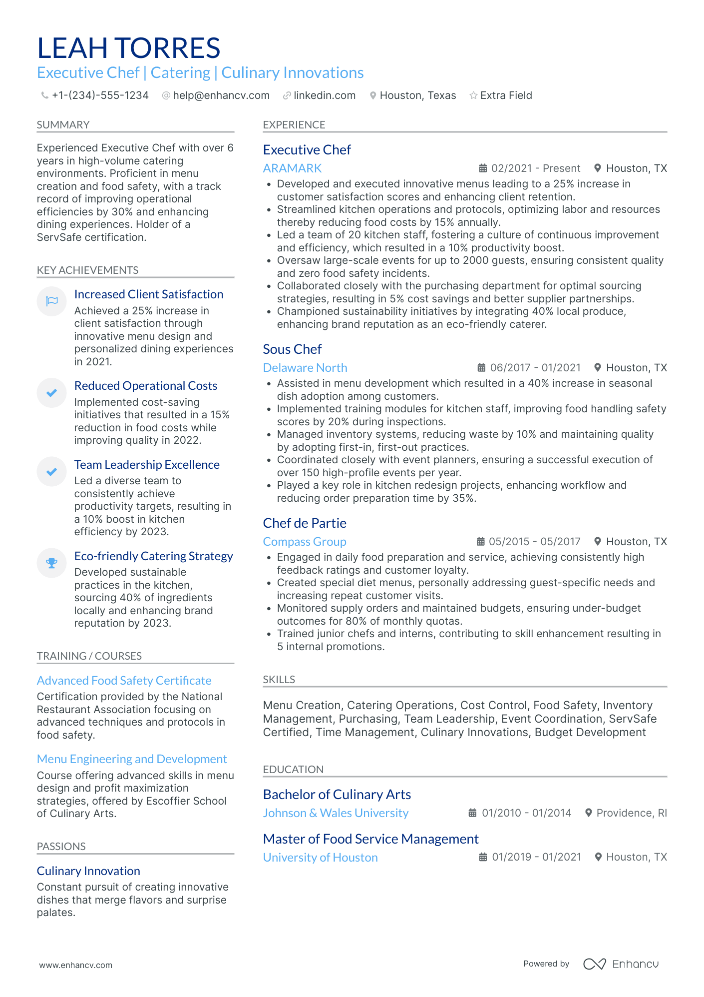 Executive Catering Chef Resume Example