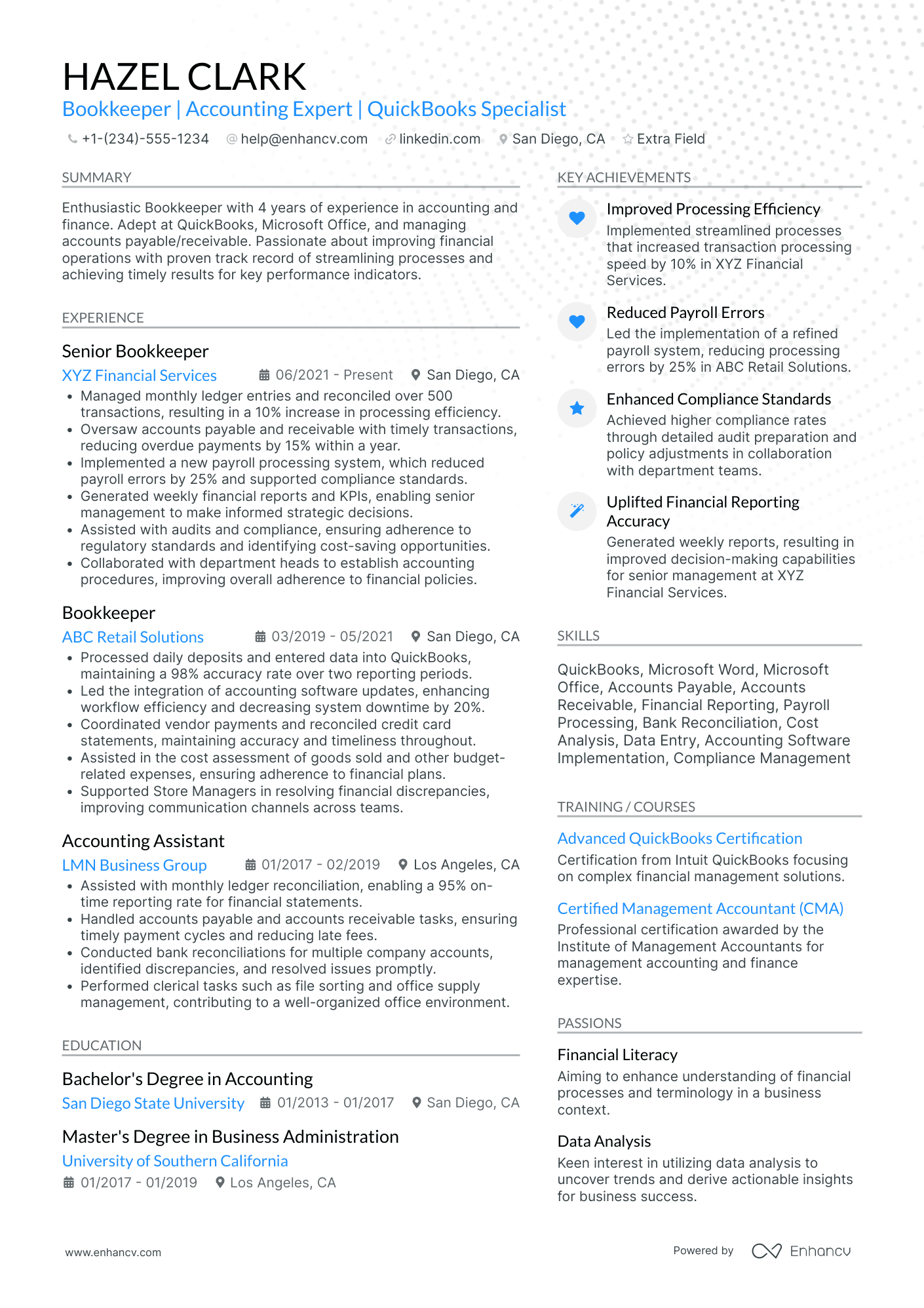 Certified Bookkeeper Resume Example