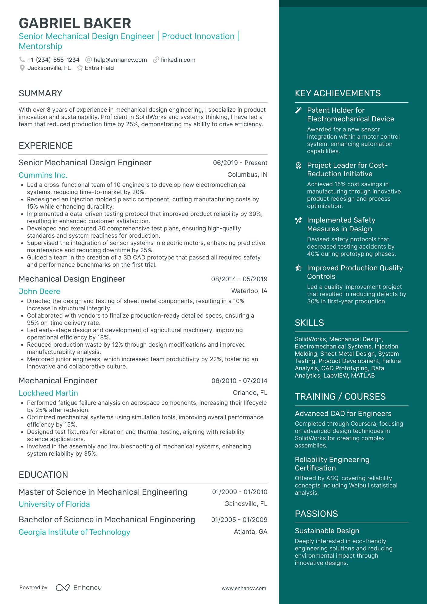 Senior Mechanical Design Engineer Resume Example