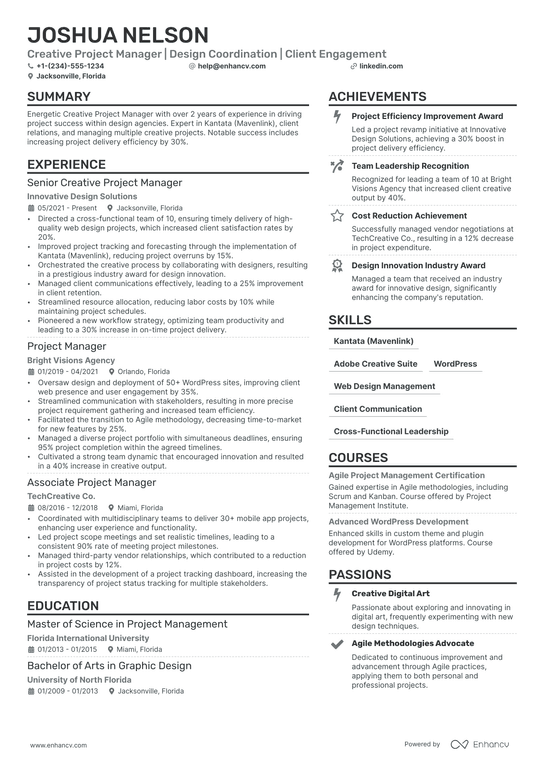 Creative Project Manager Resume Example