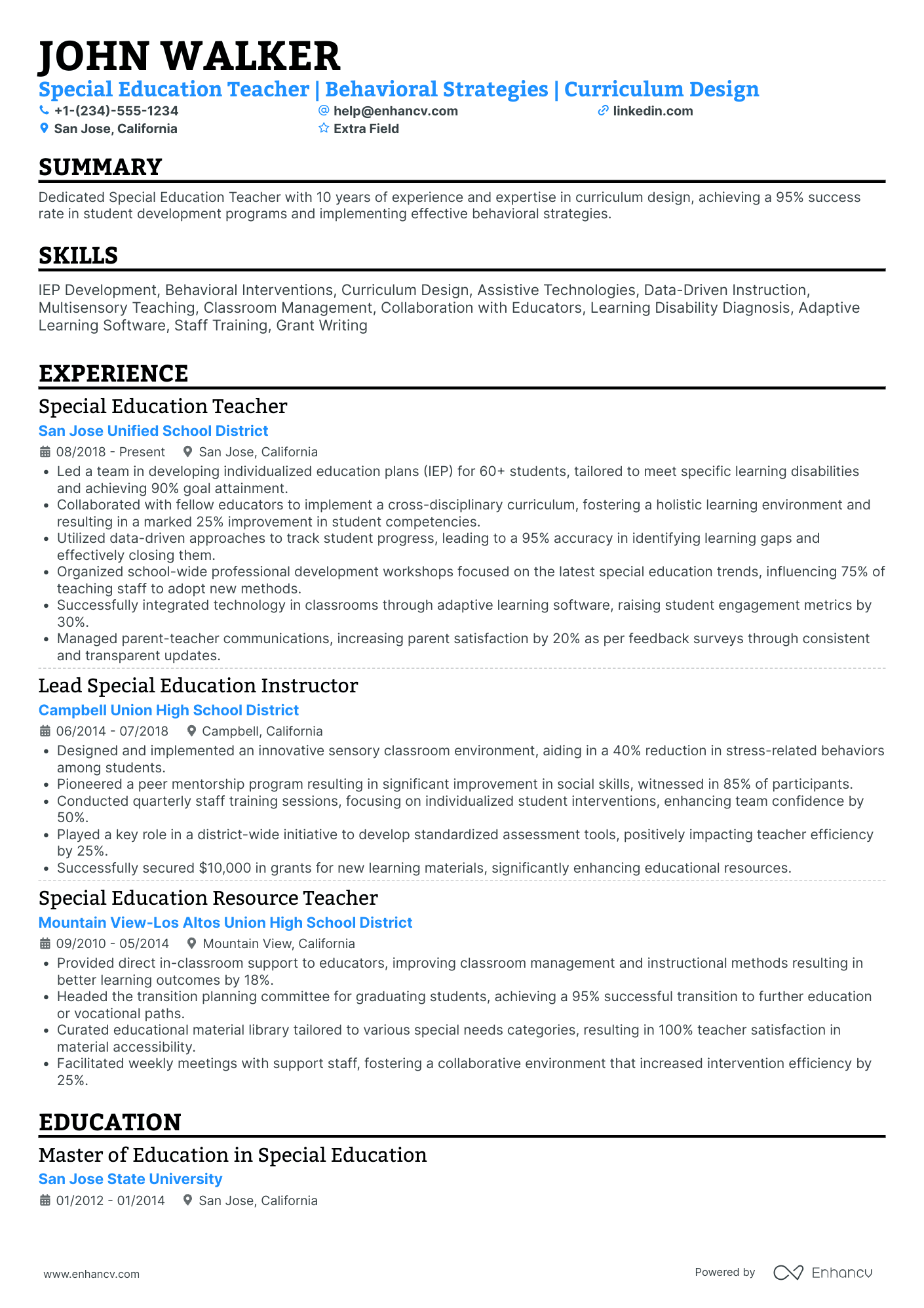 Special Education Teacher for High School Resume Example