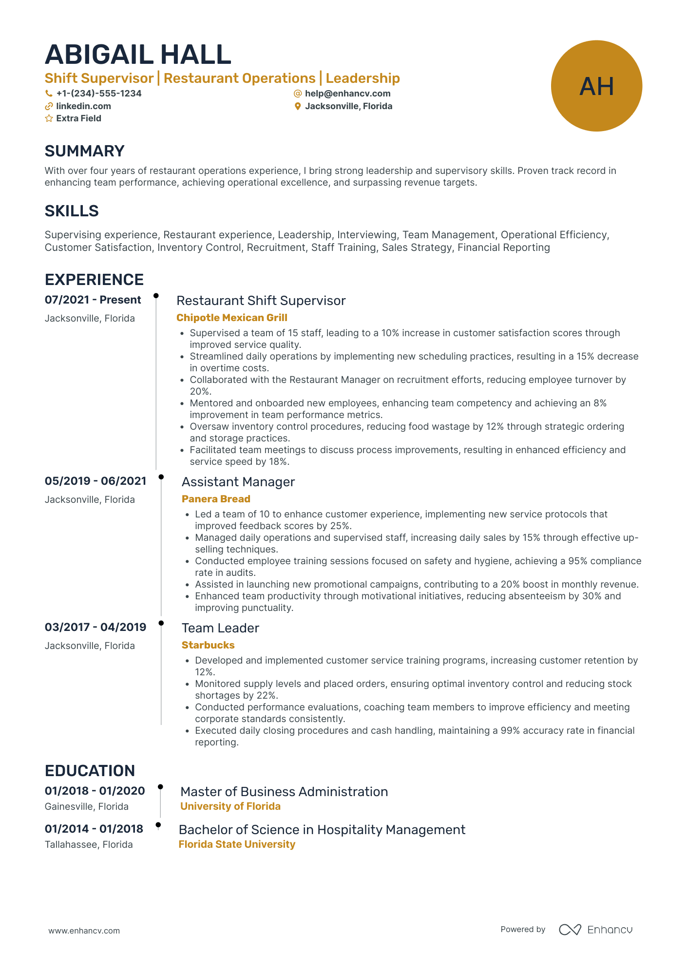 Restaurant Service Manager Resume Example