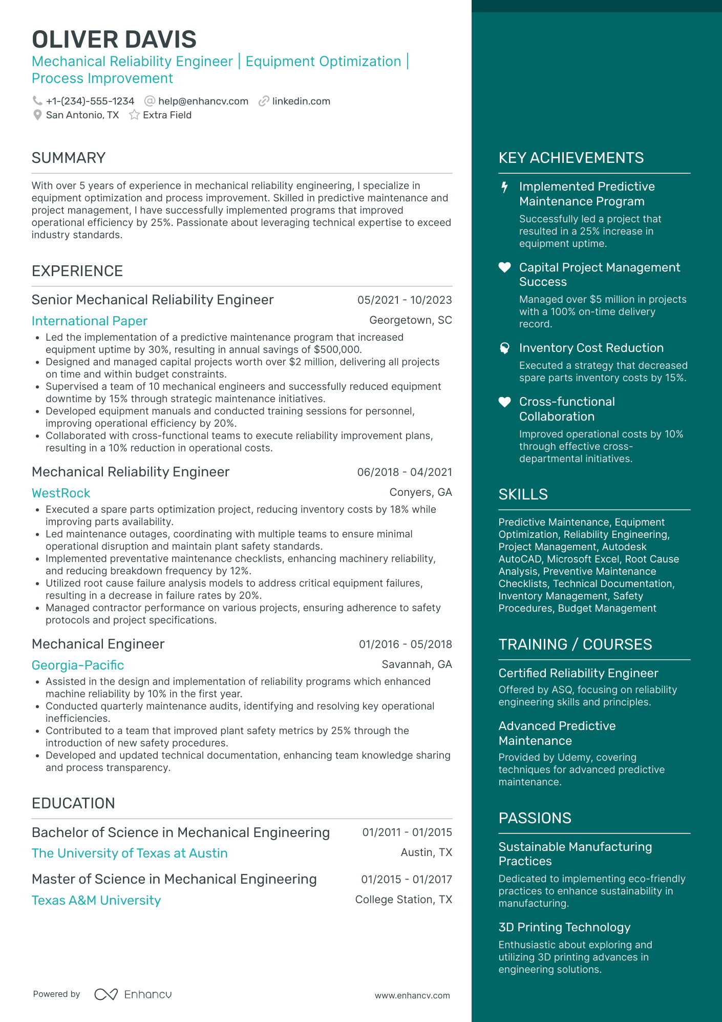 Mechanical Reliability Engineer Resume Example