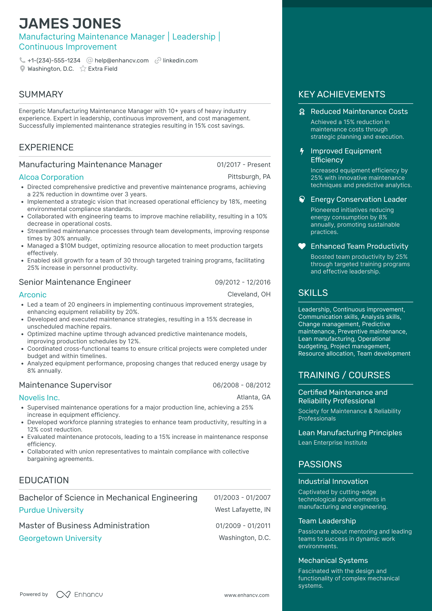 Manufacturing Maintenance Manager Resume Example