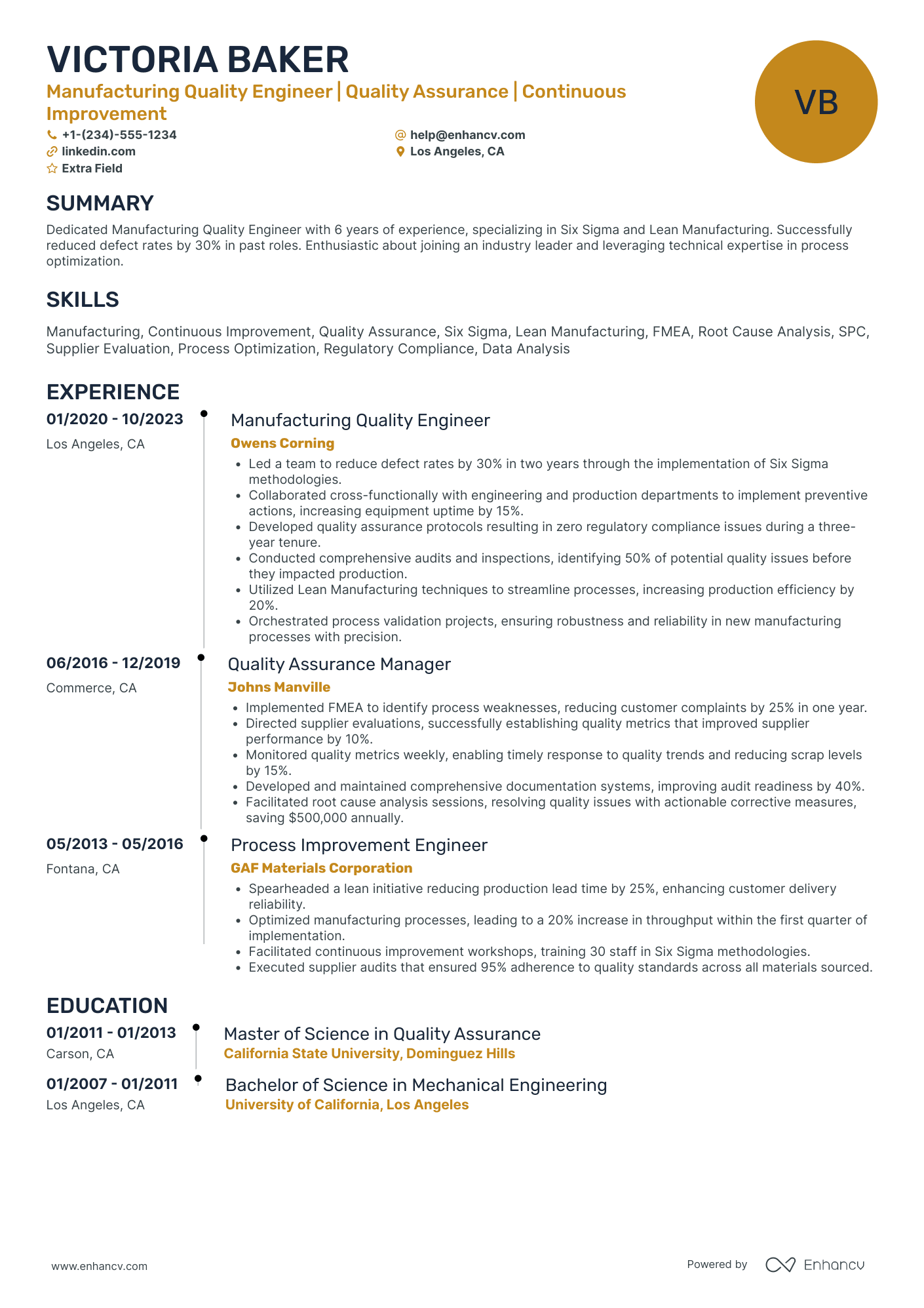 Manufacturing Quality Assurance Engineer Resume Example