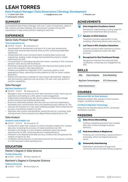 Data Product Manager Resume Example