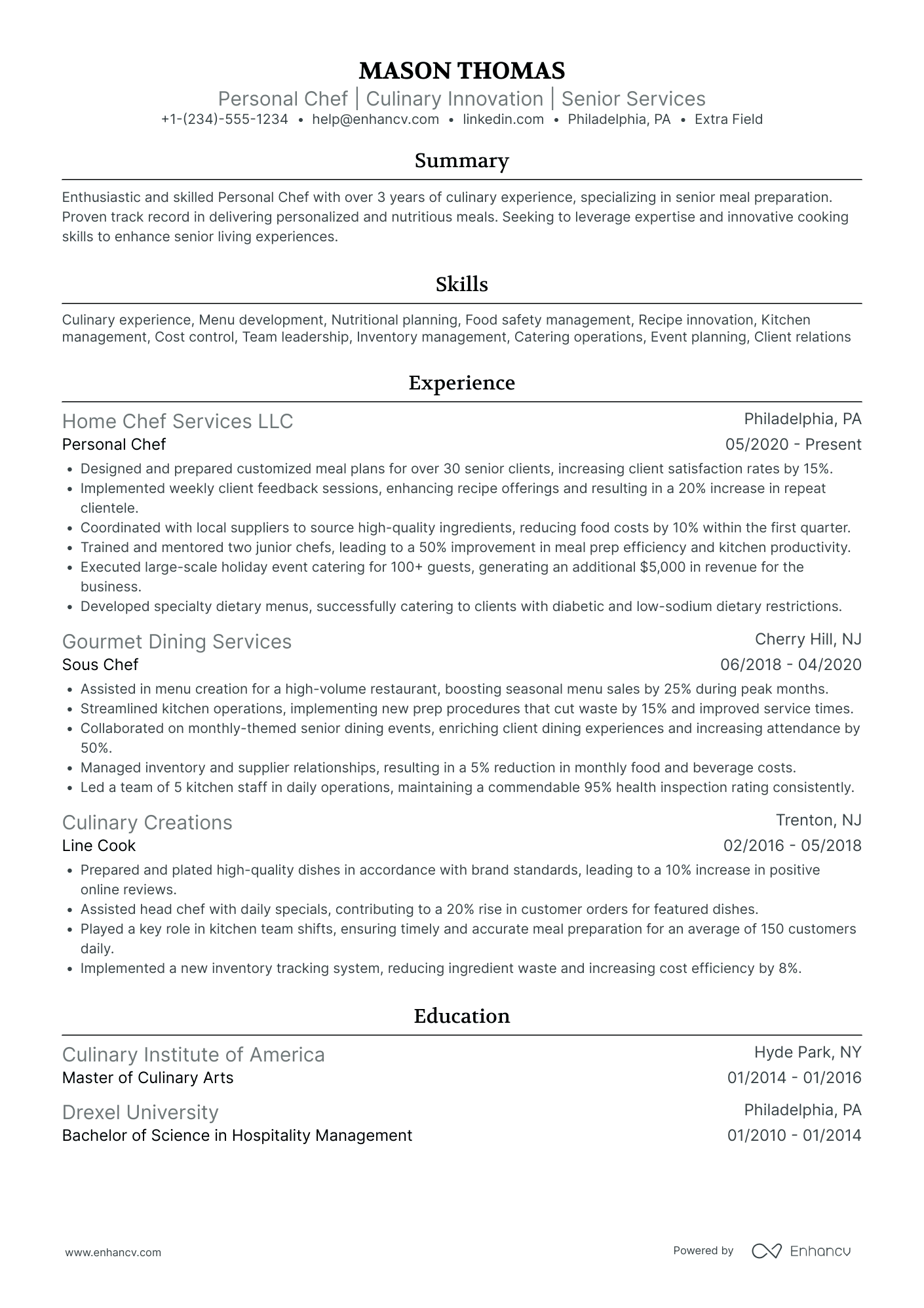 Personal Chef Resume Example