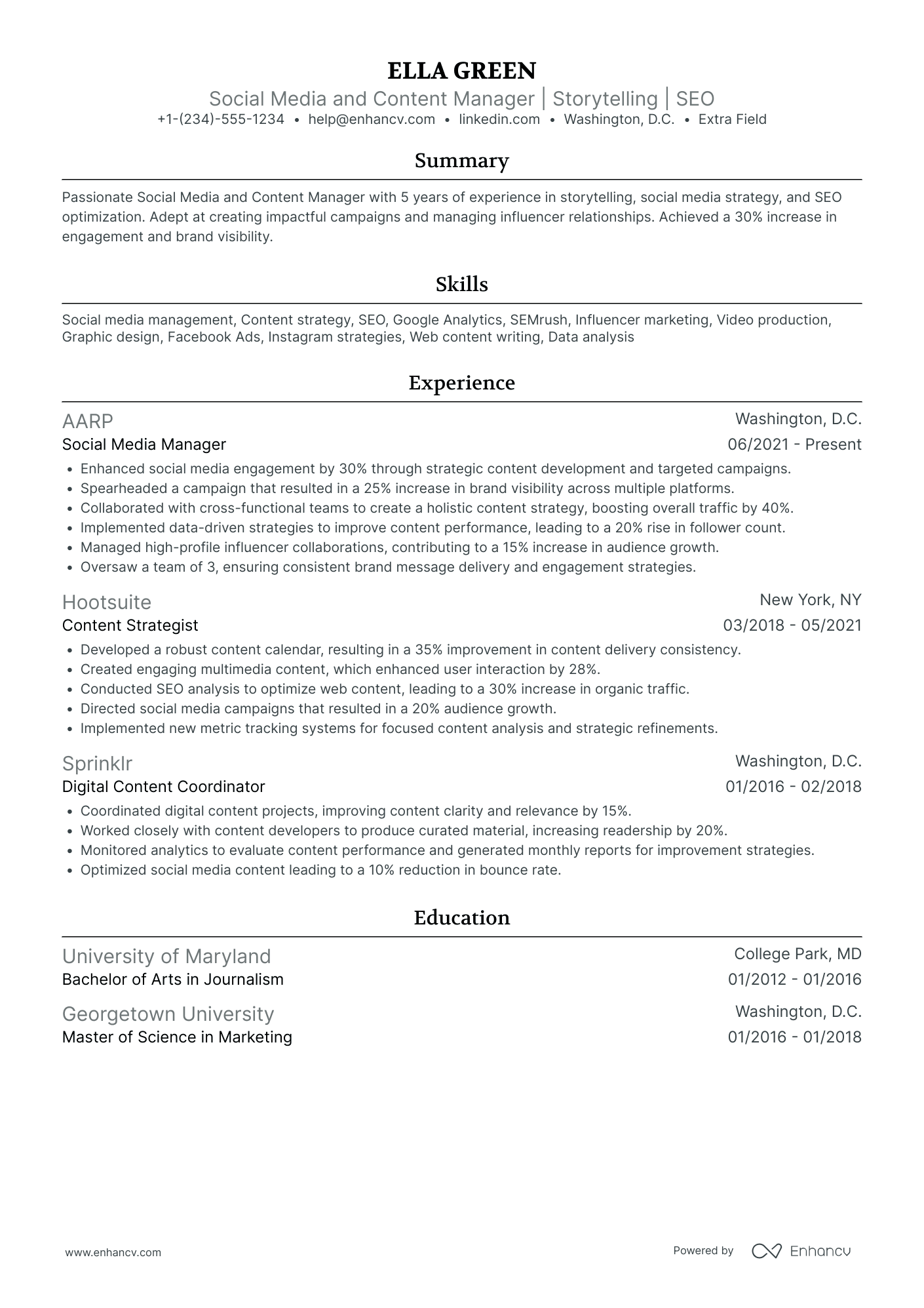 Social Media and Content Manager Resume Example