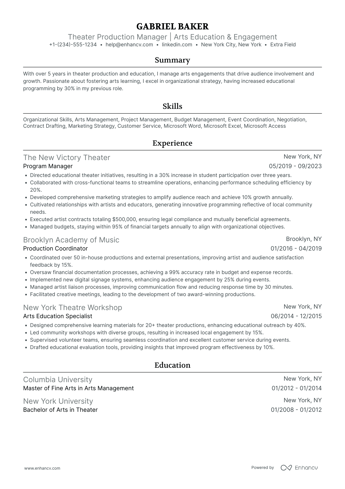 Theater Apprentice Resume Example