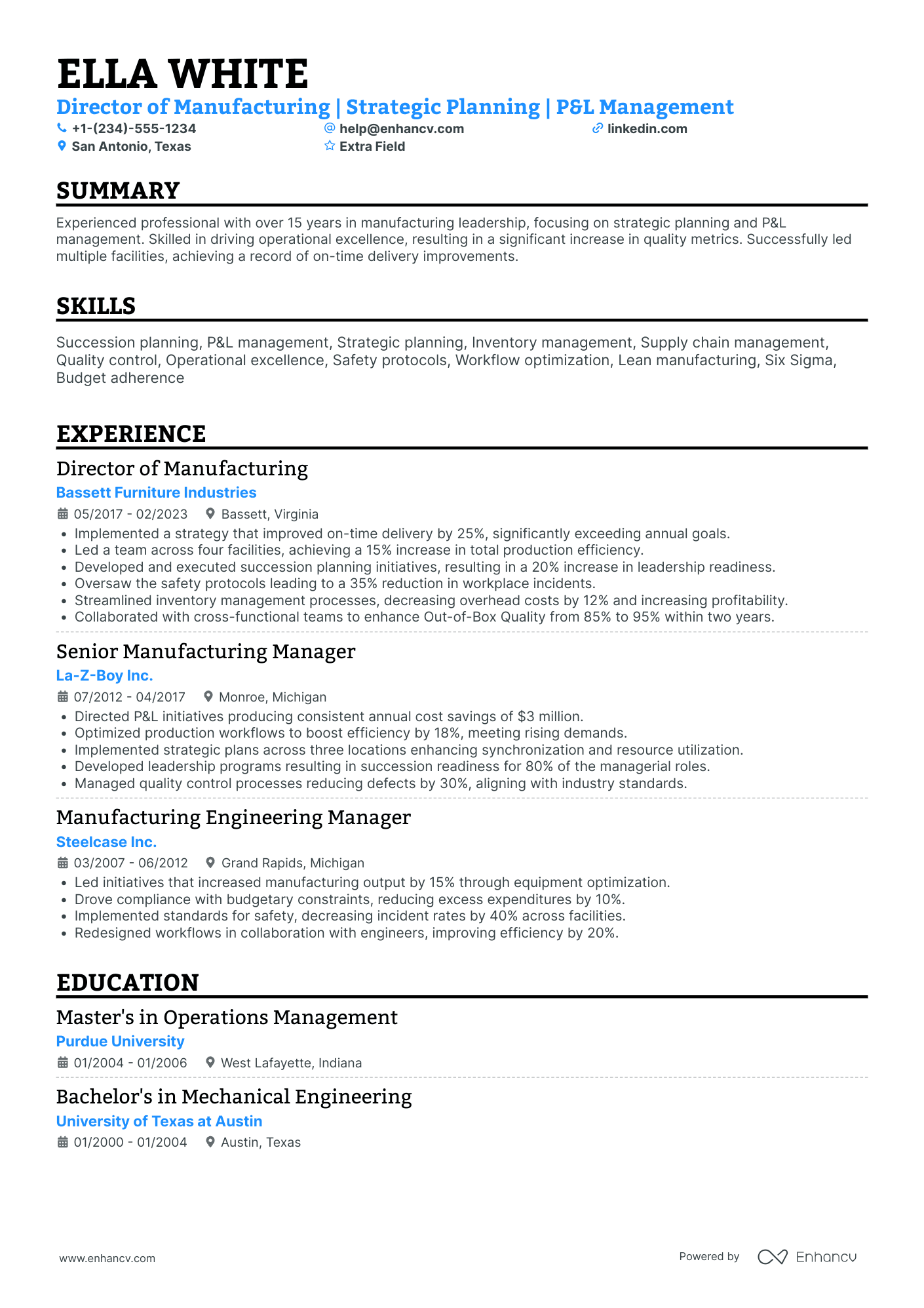 Director of Manufacturing Resume Example