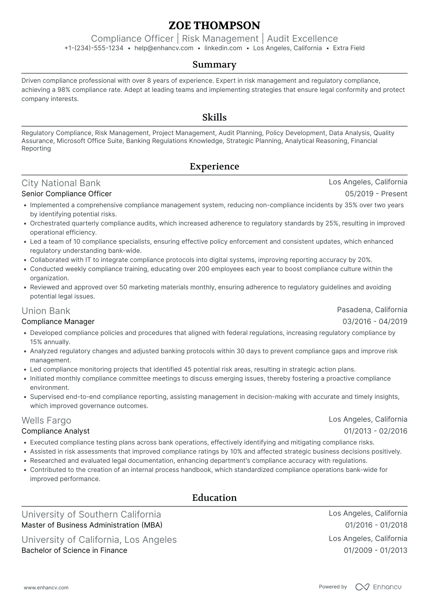 Banking Compliance Officer Resume Example