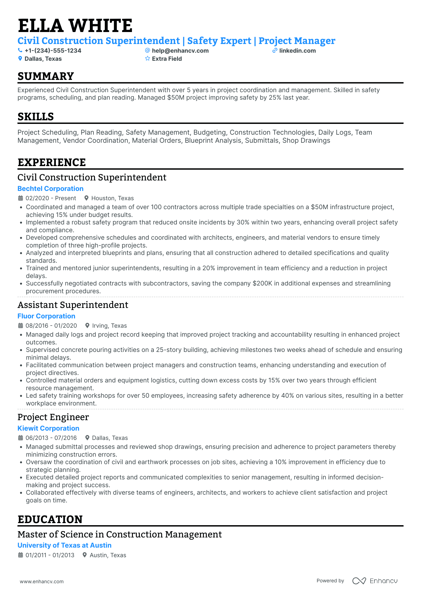 Civil Construction Superintendent Resume Example