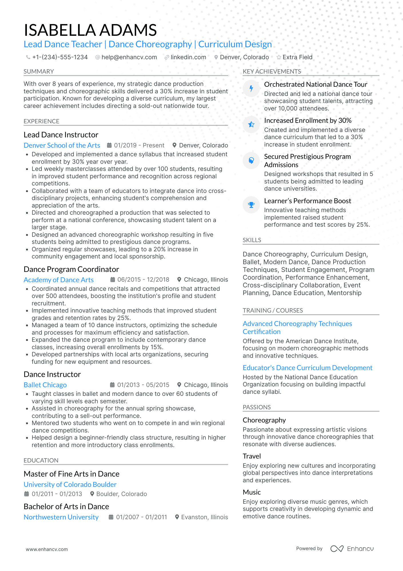 Lead Dance Teacher Resume Example