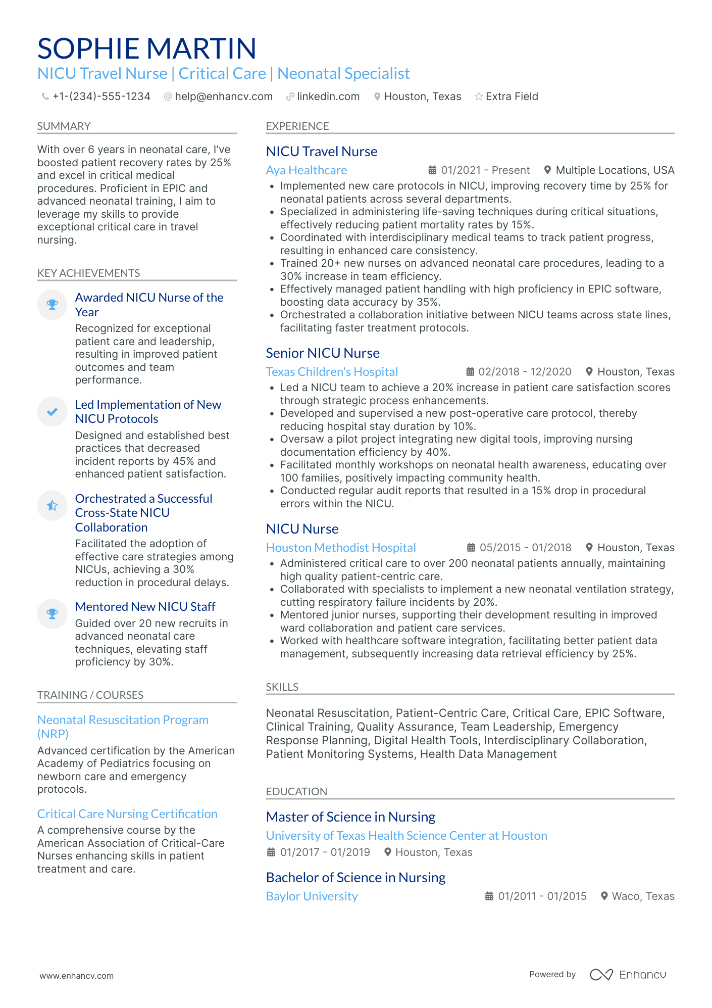 NICU Travel Nurse Resume Example