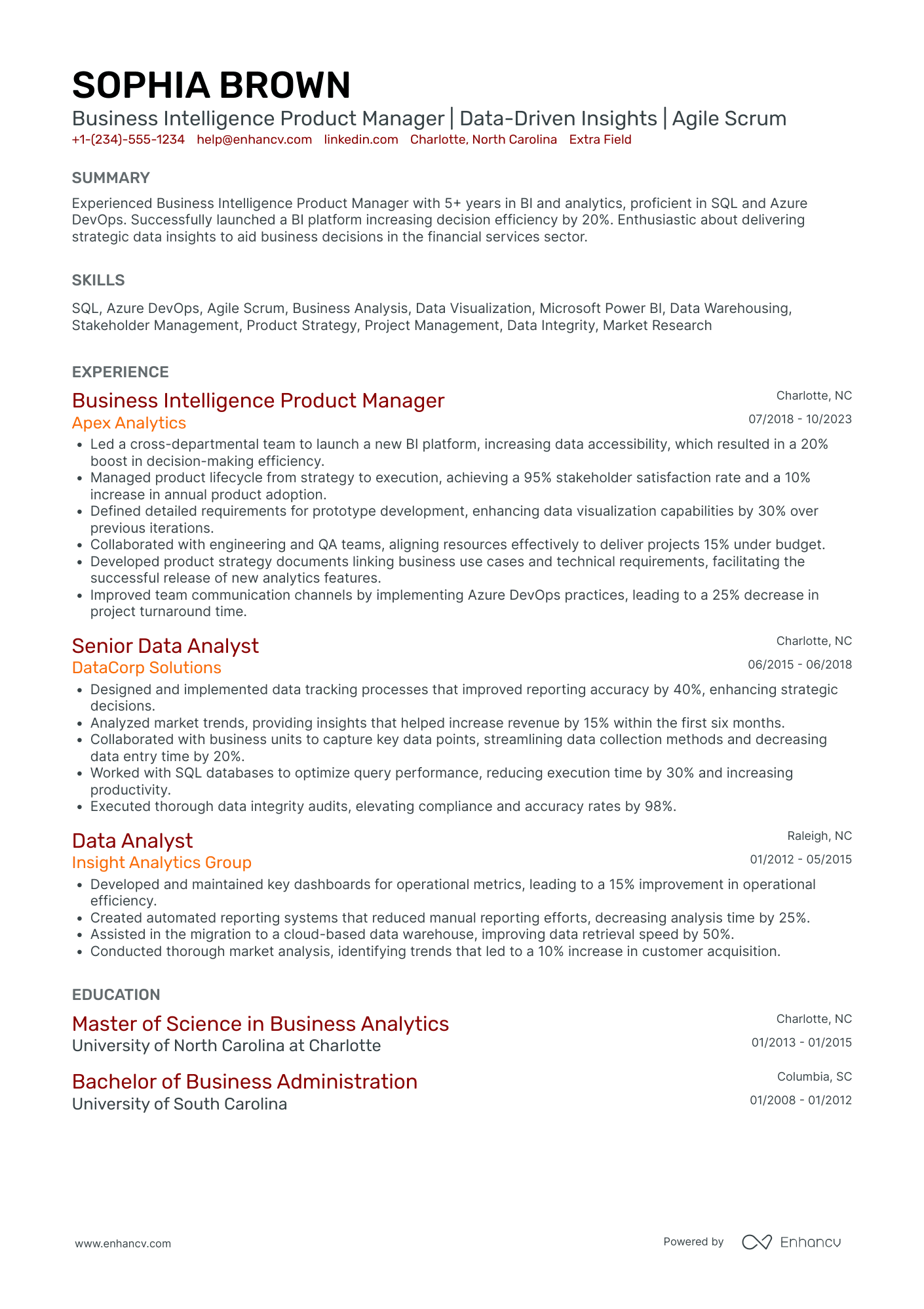 Business Intelligence Product Manager Resume Example