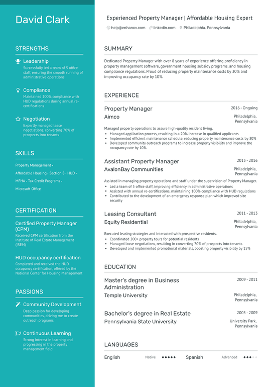 Affordable Housing Property Manager Resume Example