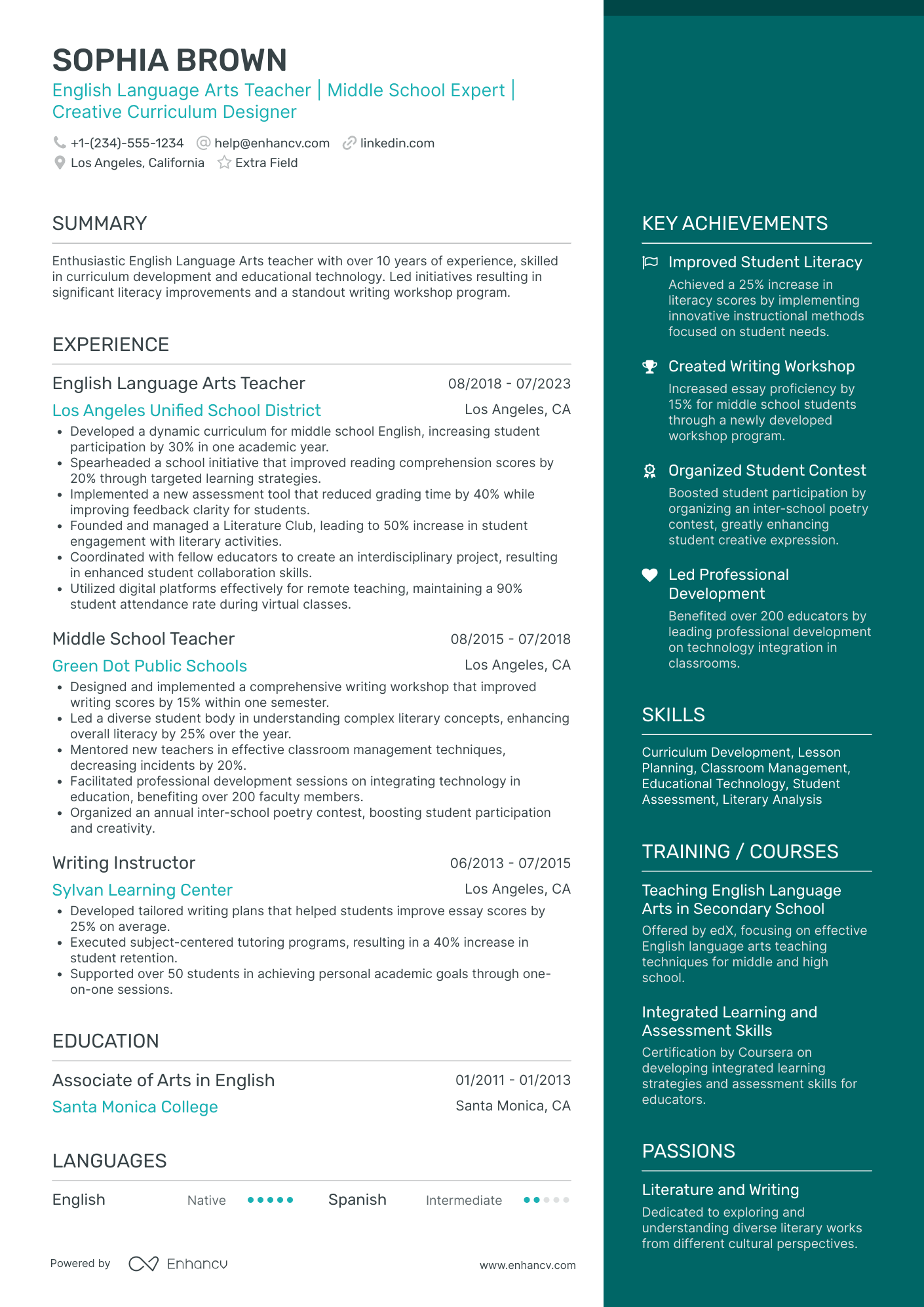 English Language Arts Teacher Resume Example