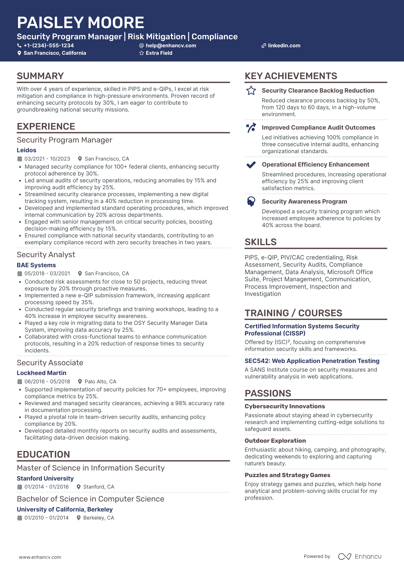 Security Program Manager Resume Example